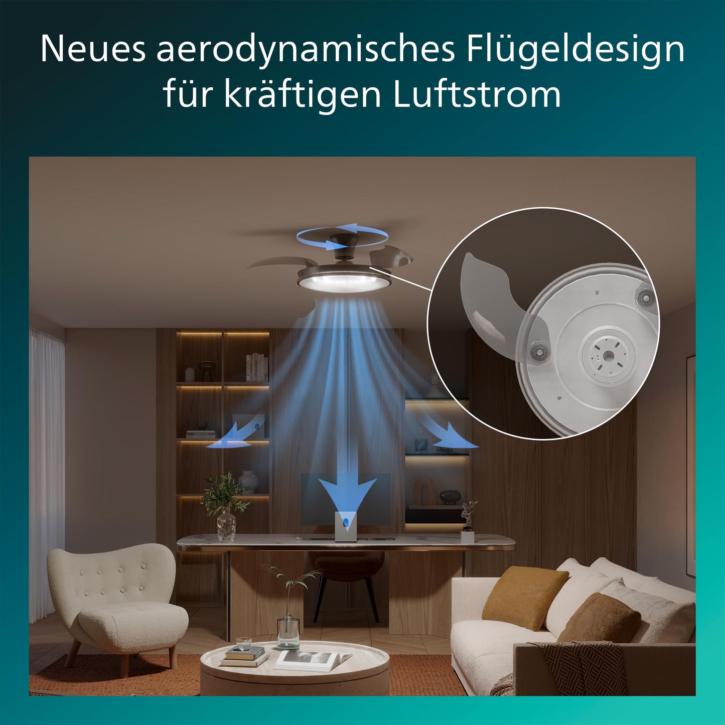 Philips Atlas ceiling fan with LED light and retractable blades, 3 blades, 106 cm wingspan, 4,500 lumens, adjustable. Light (3,000 K to 6,500 K), dimmable up to 5%, incl. remote control, nickel - 929004749901