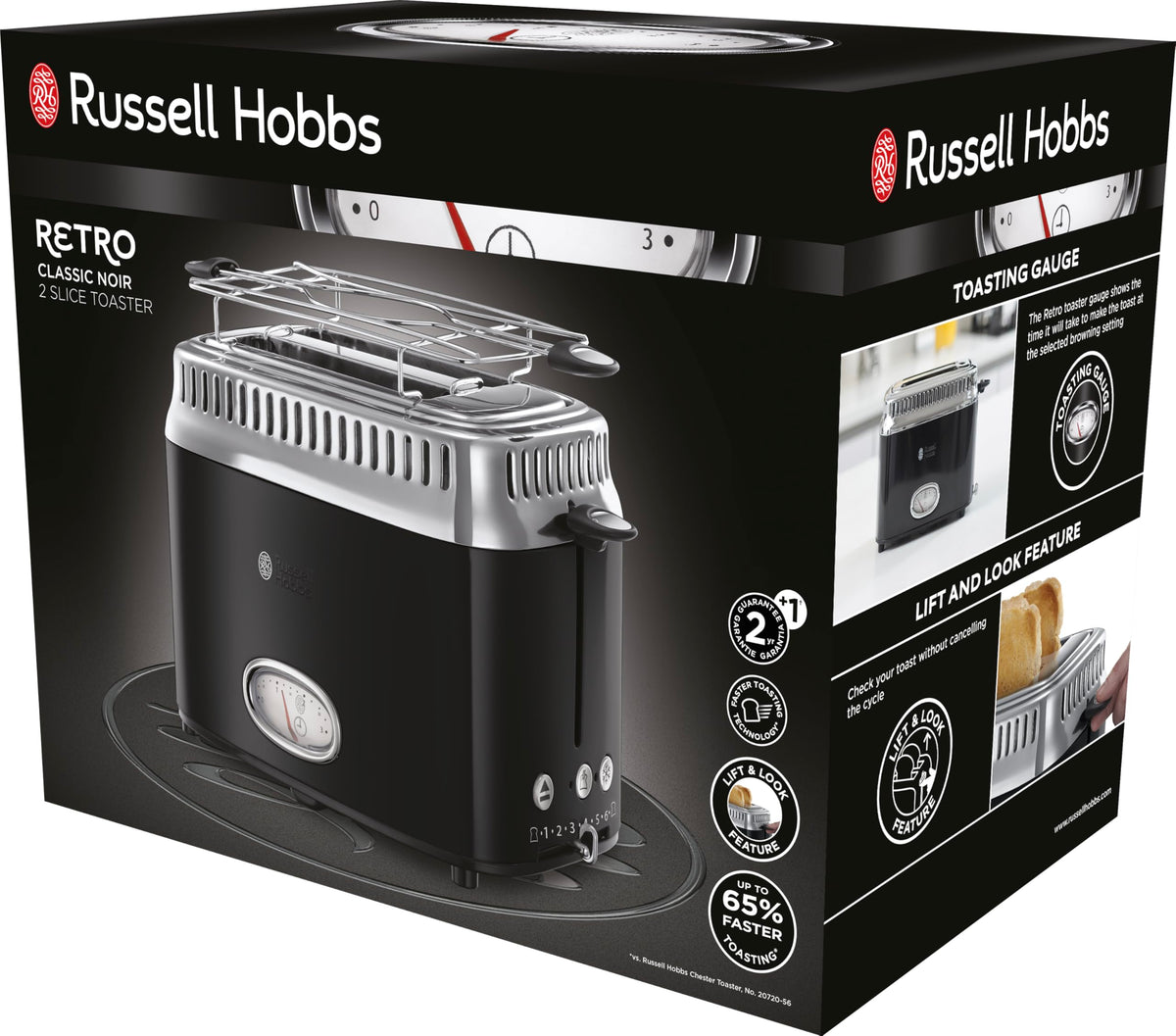 Russell Hobbs Toaster [for 2 slices] Retro Stainless Steel Black (Countdown display in retro design, includes bun warmer, 6 browning levels + defrost & reheat function, 1300W) Vintage 21681-56