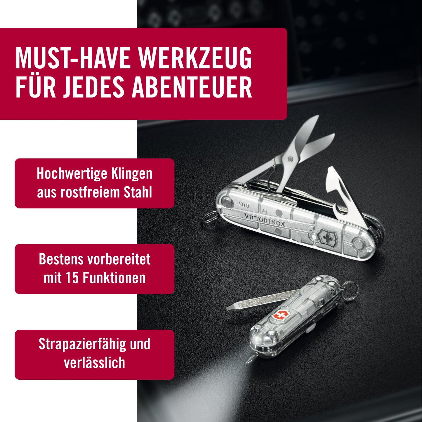Victorinox Swiss pocket knife Huntsman, multitool, Swiss Army knife with 15 functions, blade, corkscrew, can opener, folding box, silver transparent - 1.3713.T7