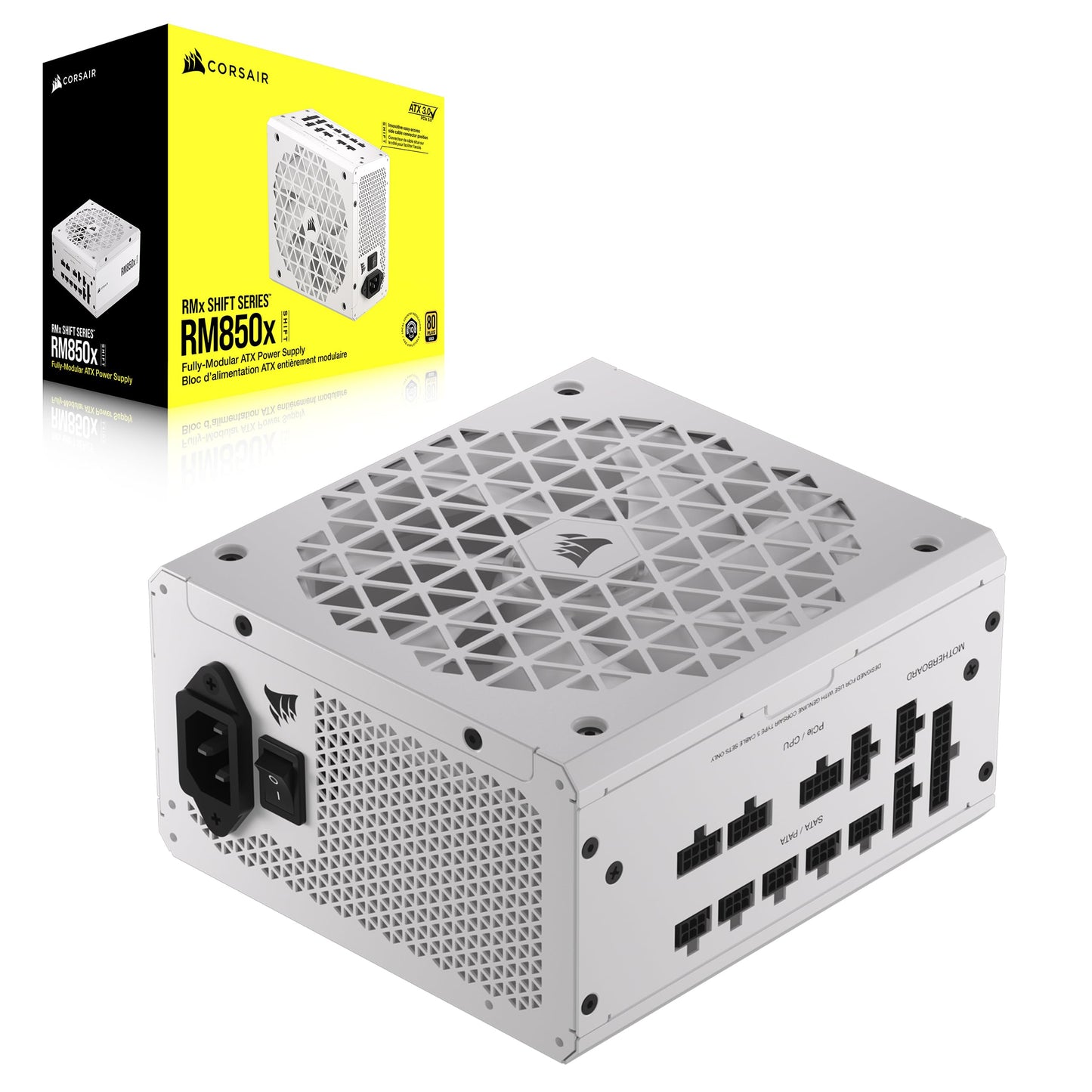 Corsair RM850x SHIFT Fully Modular ATX Power Supply - Modular Side Interface - ATX 3.1 & PCIe 5.1 Compatible - Zero Speed Fan Mode - 105°C Capacitors - 80 PLUS Gold Efficiency - White - CP-9020274-EU