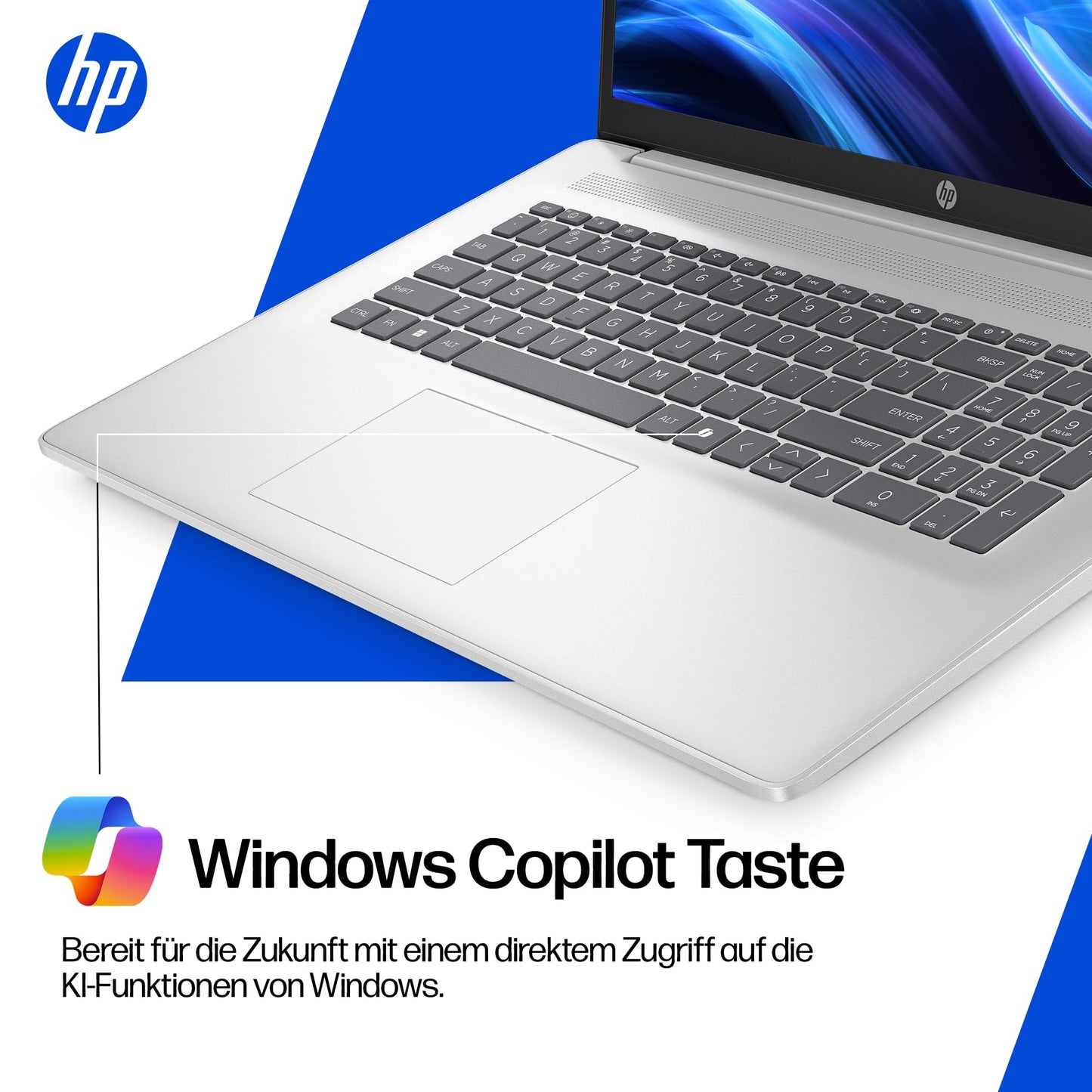 HP laptop with 17.3" FHD display, Intel Core i7-1355U, 16 GB DDR4 RAM, 1 TB SSD, Intel Iris graphics, Windows 11, QWERTZ, silver incl. 25 GB Dropbox storage for 12 months - BZ8R5EA#ABD