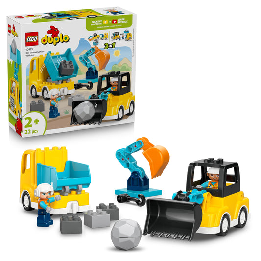 LEGO DUPLO 3-in-1 construction vehicles - educational Montessori toy for toddlers with truck, excavator and wheel loader - birthday gift for boys and girls aged 2 and up - 10475