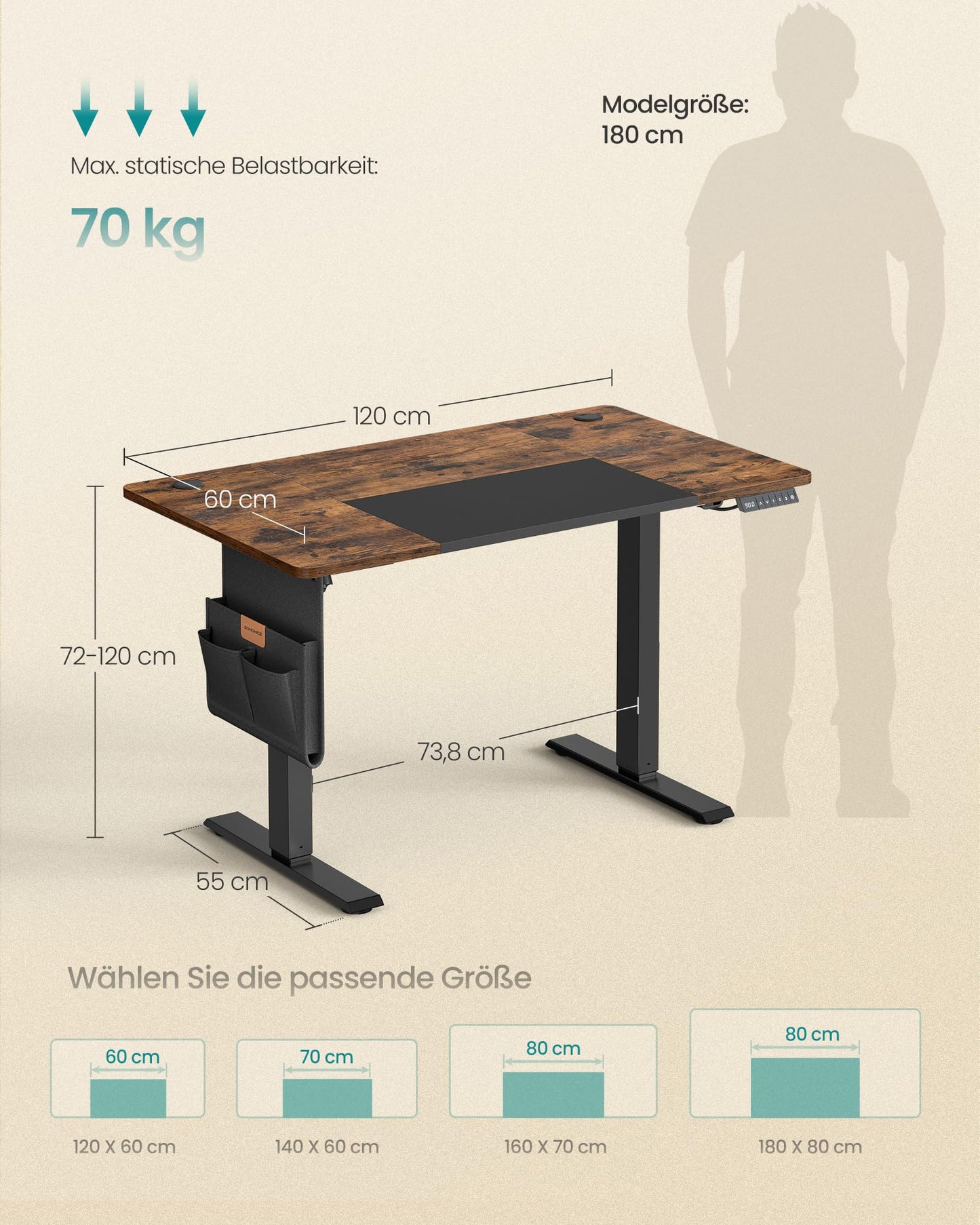 SONGMICS Electric height-adjustable desk, 120 x 60 cm, infinitely adjustable, memory function with 4 heights, vintage brown-ink black LSD015X01 - VA-LSD015X01