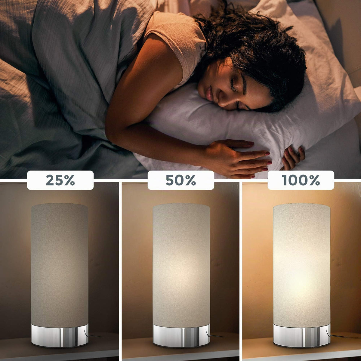 B.K.Licht - Touch Table Lamp, Dimmable, E14 Socket, Cylinder Fabric Shade, Table Lamp, Nightstand Light, Desk Lamp, Reading Lamp, Reading Light, 24.4x11 cm (DxH), Chrome-Taupe - BKL1438