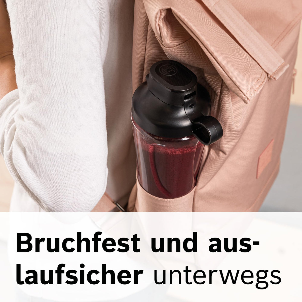 Set de accesorii Bosch MMZBTK1B din sticlă ToGo și cuțit, pentru robotul de bucătărie OptiMUM/Serie 6 / Serie 8, blenderul vertical VitaPower Serie 4 / Serie 2, 600 ml, rezistent la șocuri, cu capac, lavabil în mașina de spălat vase.