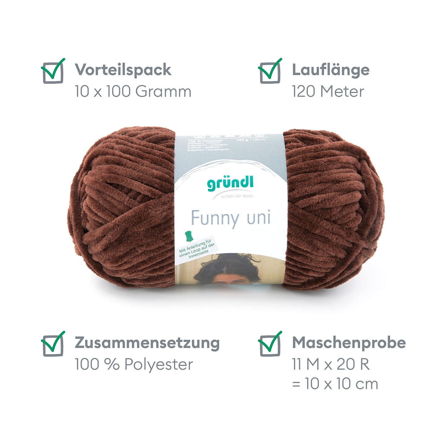 Gründl Wolle Funny uni - soft chenille wool for crocheting - cuddly and skin-friendly - 100% polyester - 10 balls 100 g / 120 m - needle size 5-6, brown - 3442-20