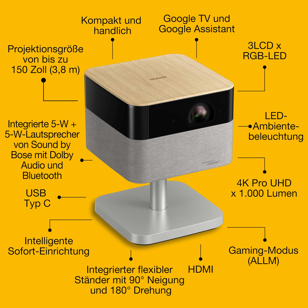 Epson EF-72, 4K-PRO-UHD Smart TV Projector, portable, 1,000 Lumens, Sound by Bose, Google TV, 150 inches - V11HB76640