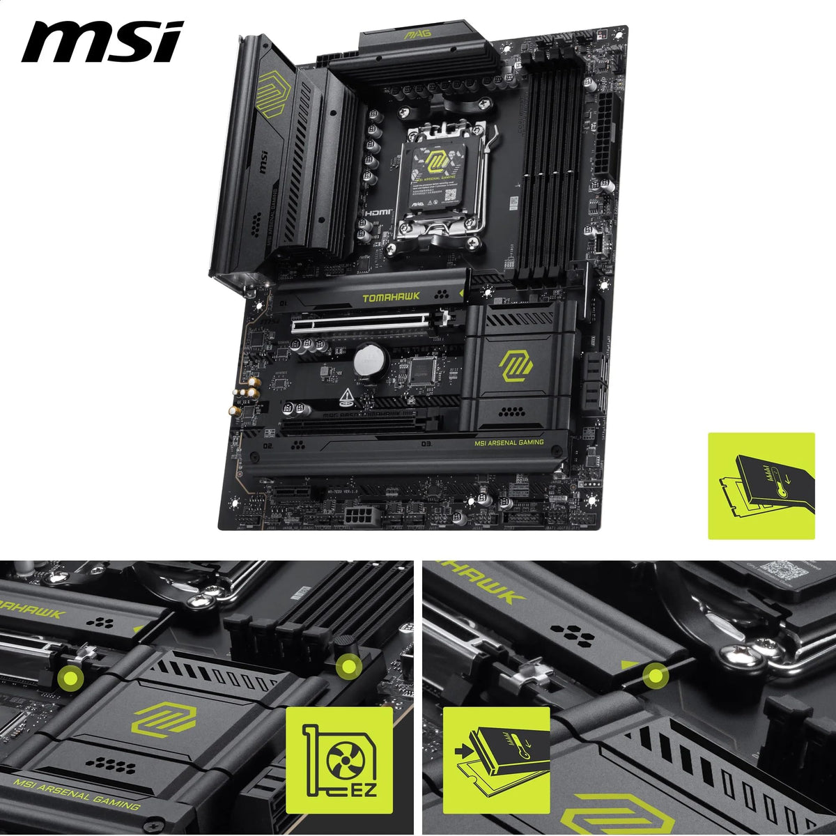 MSI MAG B850 Tomahawk WiFi Placă de bază, ATX - Suportă procesoare AMD Ryzen 9000/8000 / 7000, AM5-80A SPS VRM, DDR5 Memory Boost 8200+ MT/s (OC), PCIe 5.0 x16, M.2 Gen5, Wi-Fi 7, 5G LAN - 7E53-001R