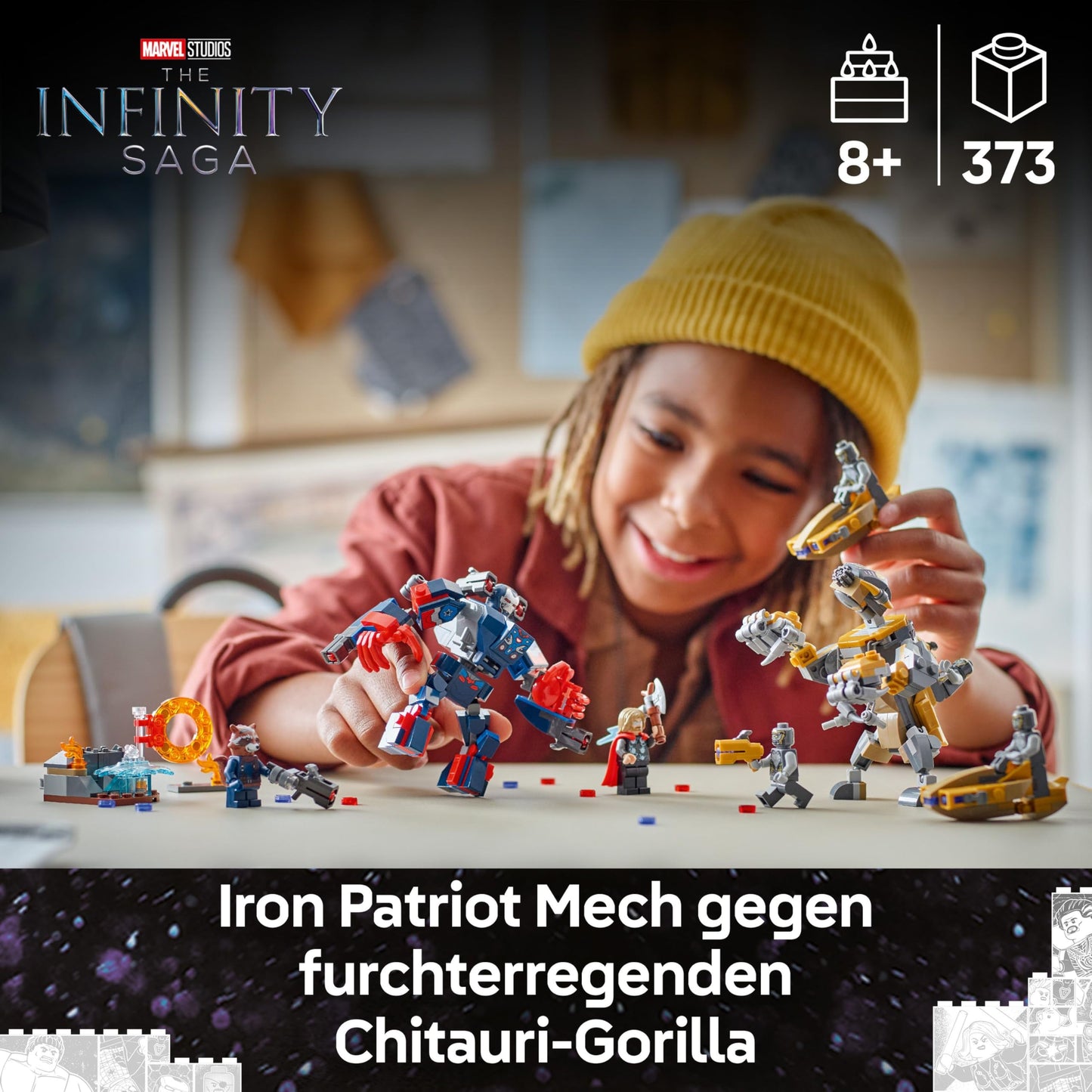 LEGO ǀ Marvel Avengers: Endgame Thor vs. Chitauri building set - superhero action with the Iron Patriot mech and 7 minifigures - gift for boys and girls aged 8 and up - 76322