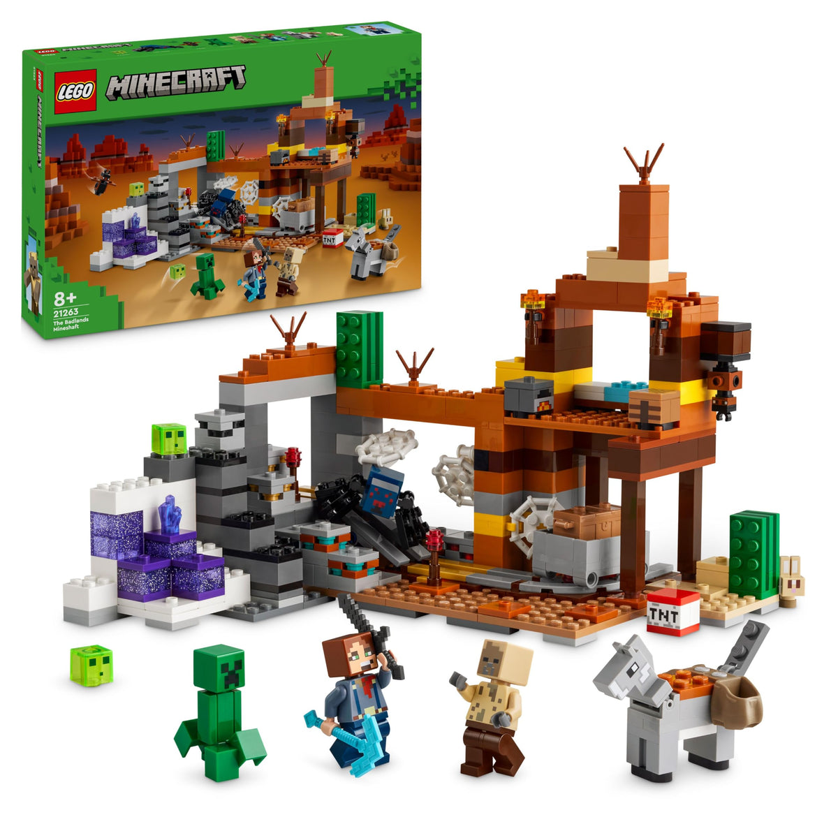 LEGO Minecraft The Badlands Mineshaft - Interactive Toy featuring Explorer, Creeper, and Spider Figures, along with an Exploding TNT Function - Perfect Gaming Gift for Boys and Girls aged 8 and up - 21263