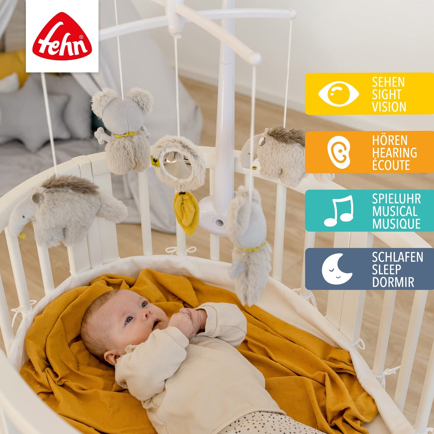Fehn Music Mobile Australia - Baby Sleep Aid Music Toy with Cute Animals - Baby Mobile Music Box Melody "Brahms Lullaby" - Music Mobile Baby Bed Accessories Toy for Babies from 0-5 Months - 64070