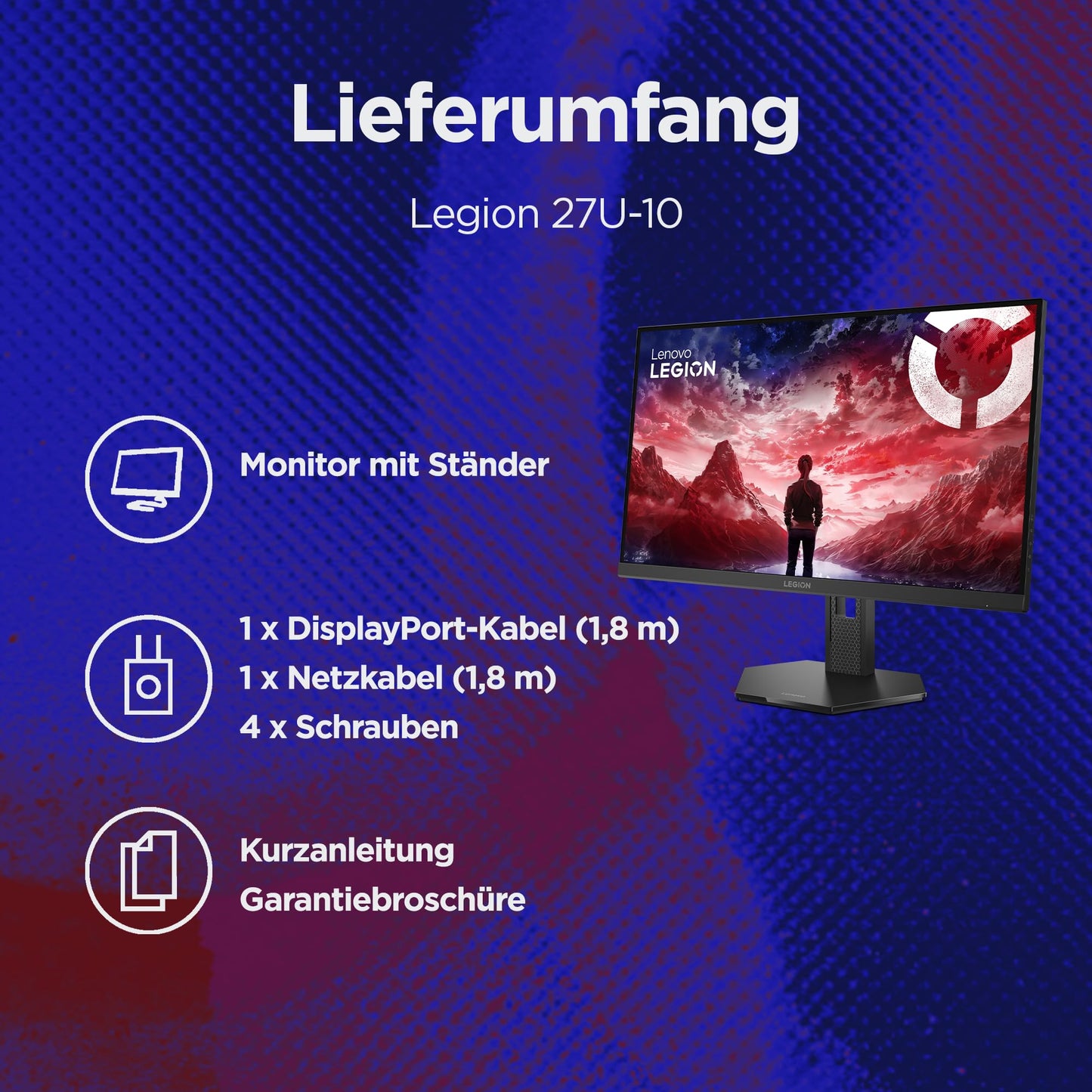 Lenovo Legion 27U-10 | 27" UHD WLED Gaming Monitor | 3840x2160 | 16:9 | 160Hz | 0.5ms response time | HDMI | DisplayPort | Audio 3.5mm | 3-sided panel | TÜV eye protection | black | 6.2 kg - 67D1GAC1EU