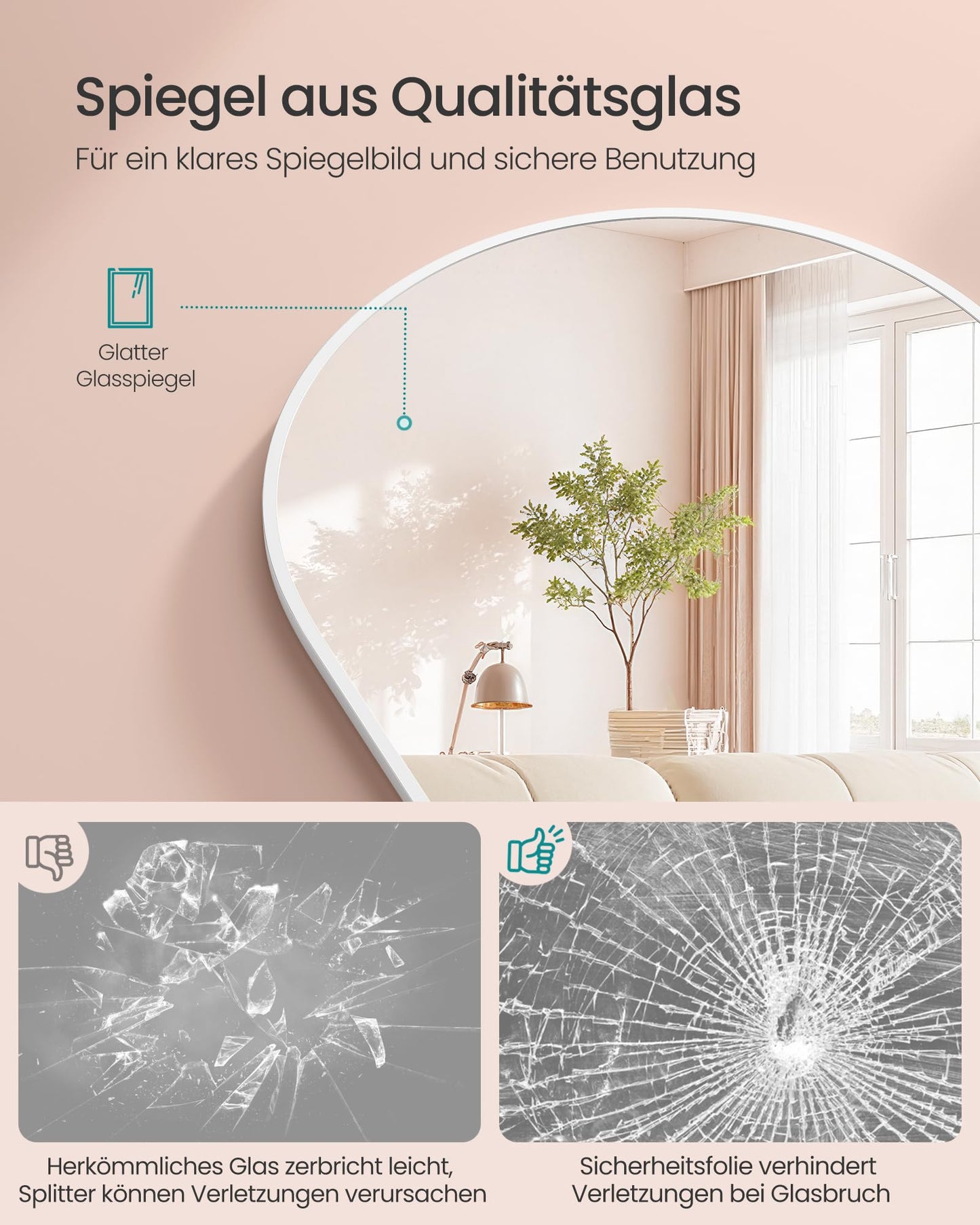 SONGMICS Full Length Mirror 160x50cm Curved Standing Mirror Aluminum Alloy Frame Tempered Glass for Bedroom Living Room Cloakroom Matte White LFM031WC01 - ULFM031WC01