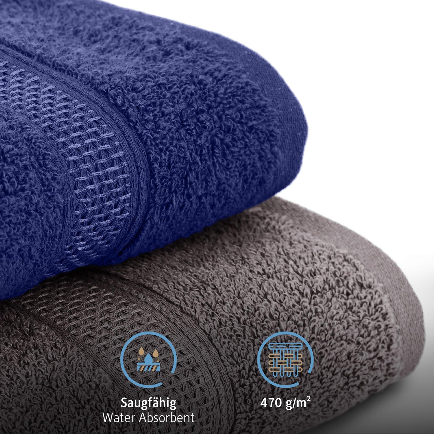Komfortec set of 8 towels, 4 bath towels 70x140 cm & 4 hand towels 50x100 cm, 100% cotton terry cloth, fluffy and absorbent, anthracite gray/navy blue - 4er-50x100-und-4er-70x140-anth-navy