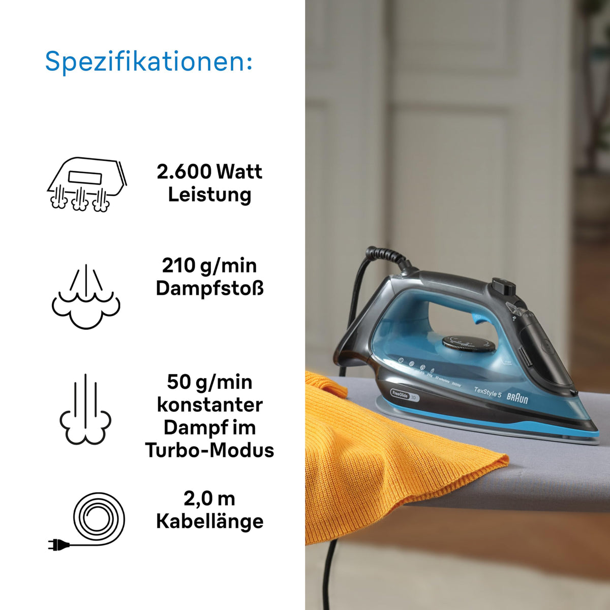 Braun TexStyle 5 SI5256 BL Steam Iron with FreeGlide 3D Soleplate, Precision Tip, Vertical Steam, Anti-Drip System, 210 g/min Steam Shot, 300ml Water Tank, 2600W, Black/Blue - SI5256BL