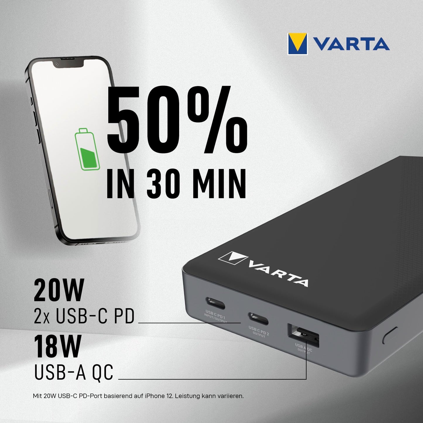 VARTA Power Bank 20000mAh, power bank Power on Demand with 3 ports (1x USB A, 2x USB C), compatible with tablets & smartphones, in environmentally friendly packaging