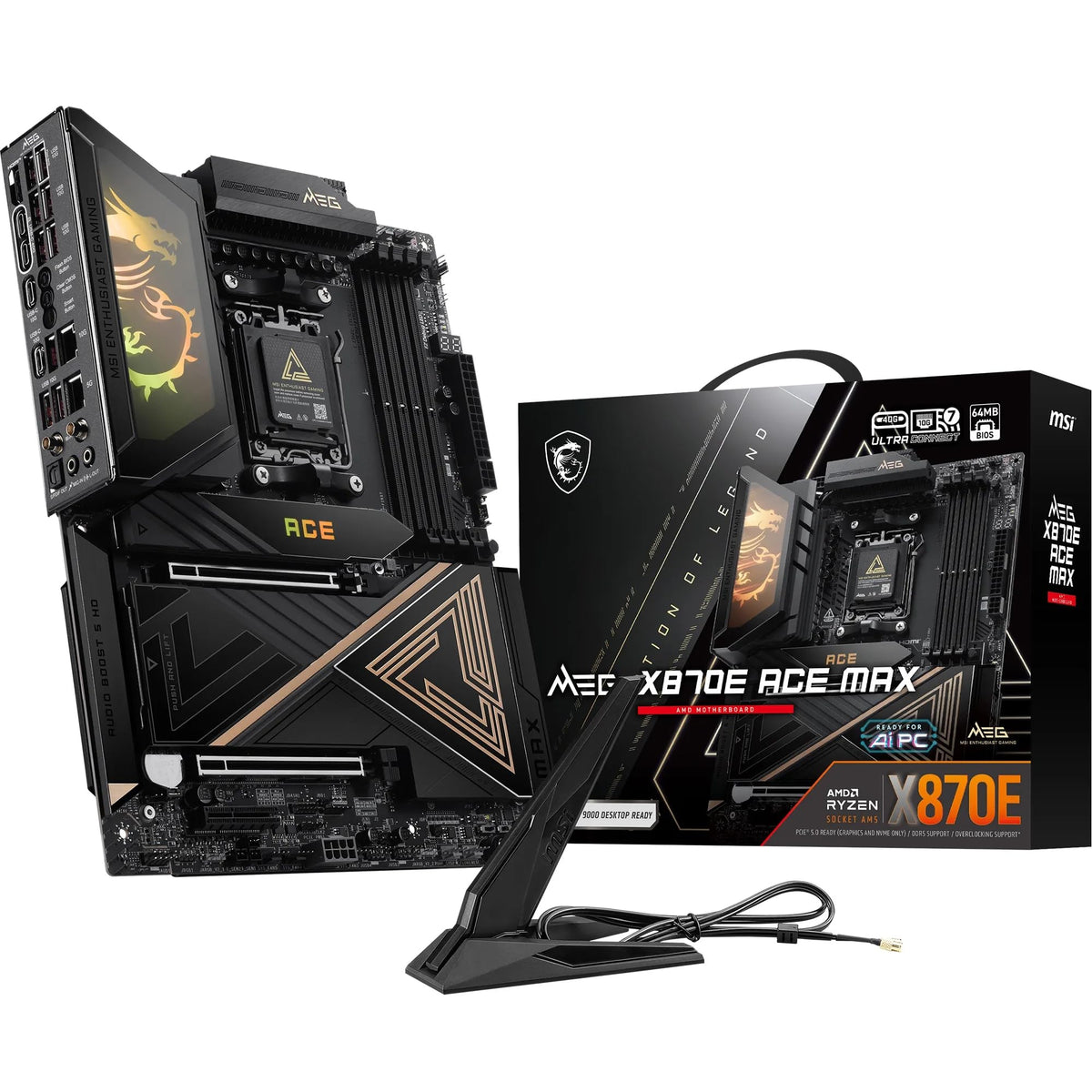 MSI MEG X870E ACE MAX Placă de bază, ATX - Suportă procesoare AMD Ryzen 9000/8000 / 7000, AM5-64MB BIOS ROM, 110A SPS VRM, memorie DDR5 (până la 9000+ MT/s OC), M.2 & PCIe 5.0, USB4, Wi-Fi 7 - 7E85-001R