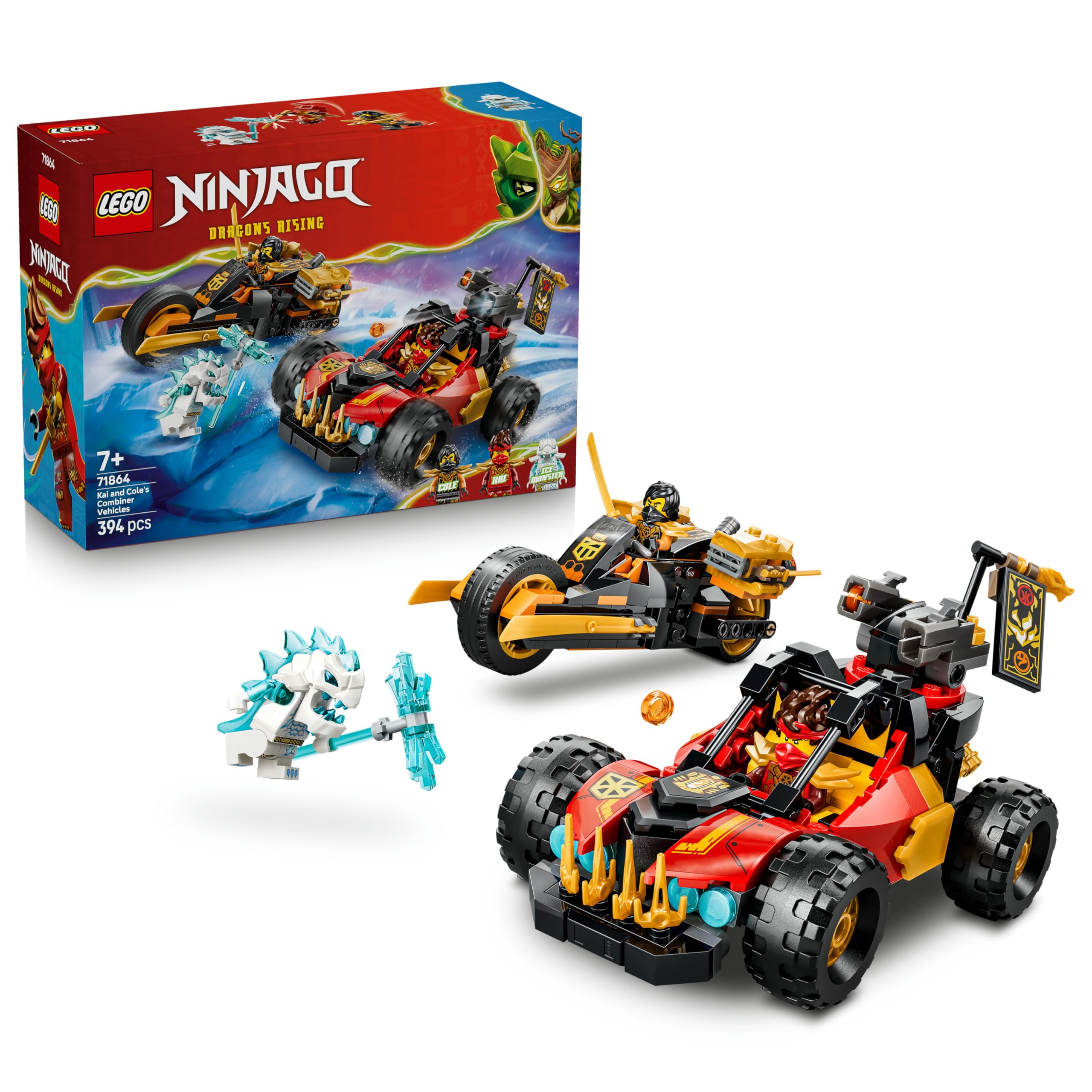 LEGO NINJAGO Kai's and Cole's combination speedster - ninja toy with car, motorcycle, 3 minifigures including Kai & Cole with katanas - gift idea for boys aged 7 and up and Dragons Rising fans - 71864