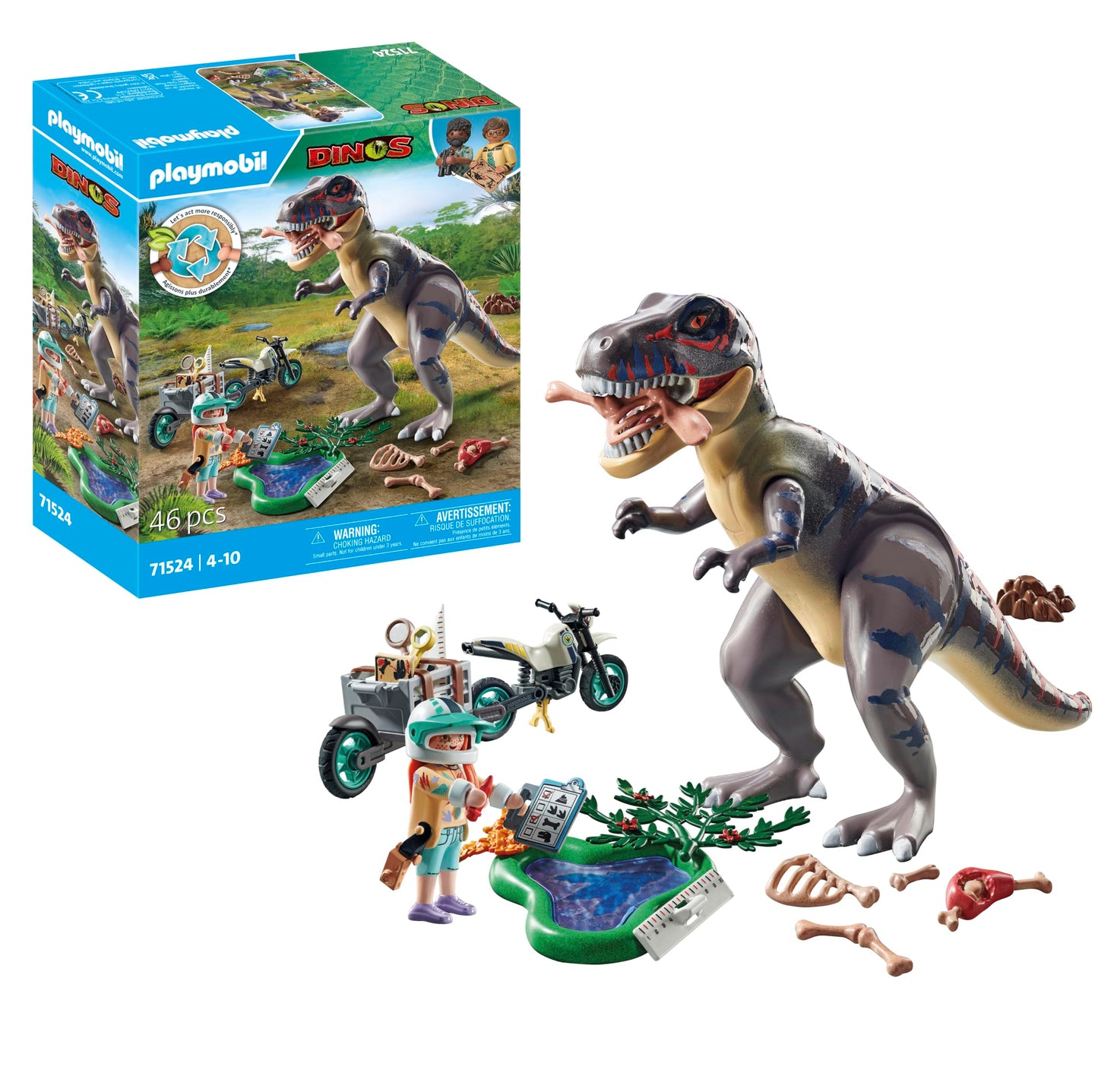 PLAYMOBIL Dinos 71524 T-Rex Tracking, exciting search for the Tyrannosaurus Rex, with motorcycle, camera and real dinosaur bones, sustainable toy for children aged 4 and over