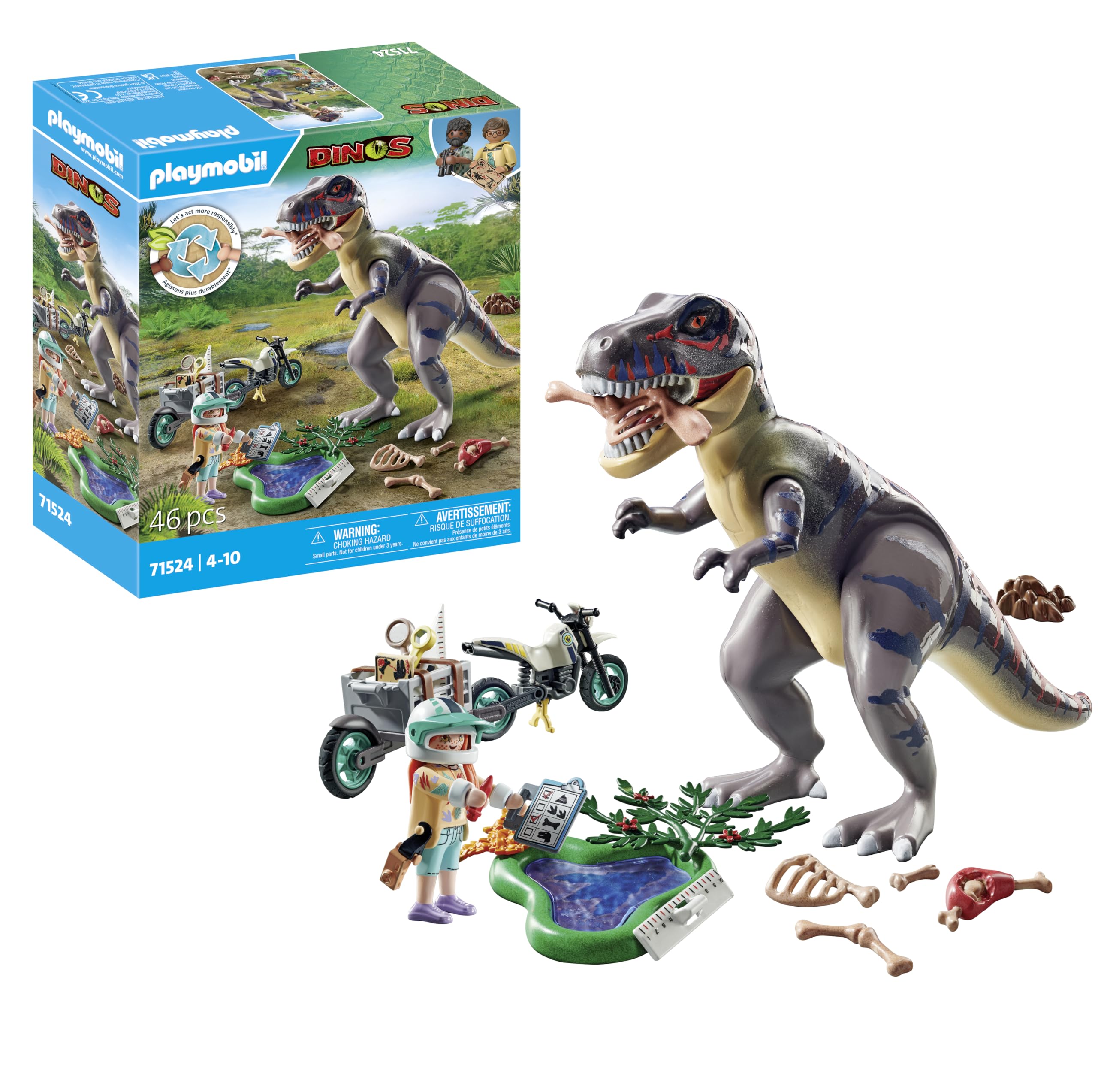PLAYMOBIL Dinos 71524 T-Rex Tracking, exciting search for the Tyrannosaurus Rex, with motorcycle, camera and real dinosaur bones, sustainable toy for children aged 4 and over