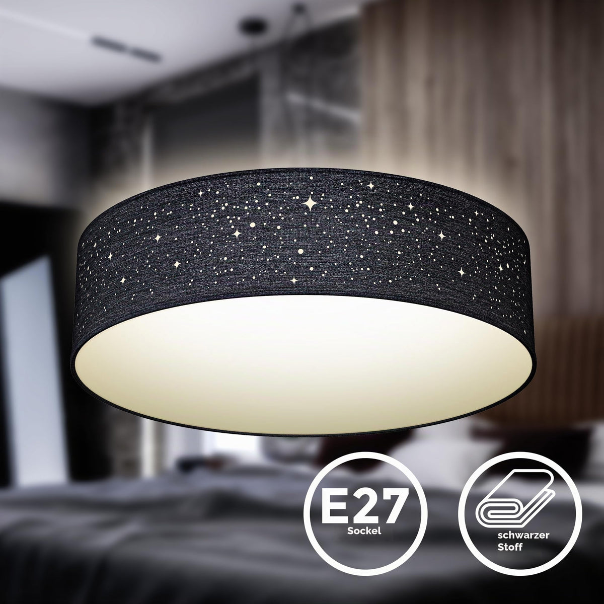 B.K.Licht - Ceiling lamp, lampshade with star effect, fabric lampshade, E27 socket, max. 40 watts, ceiling light, lamp, living room lamp, bedroom lamp, kitchen lamp, 38x10 cm, black - BKL1347