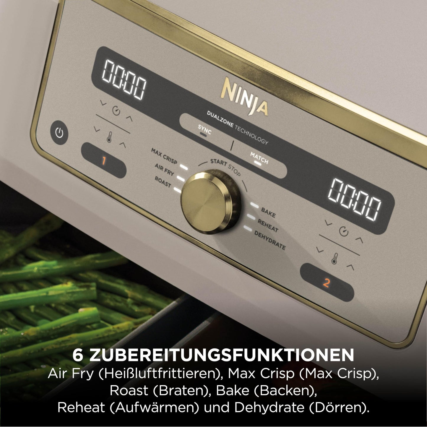 Ninja Dual Zone Digital Air Fryer, 2 Drawer, 6-in-1, Air Fryer, 9.5L, Air Frying, Max Crisp, Roasting, Baking, Reheating, Dishwasher Safe Baskets, Stone/Gold DZ400EUSTGD