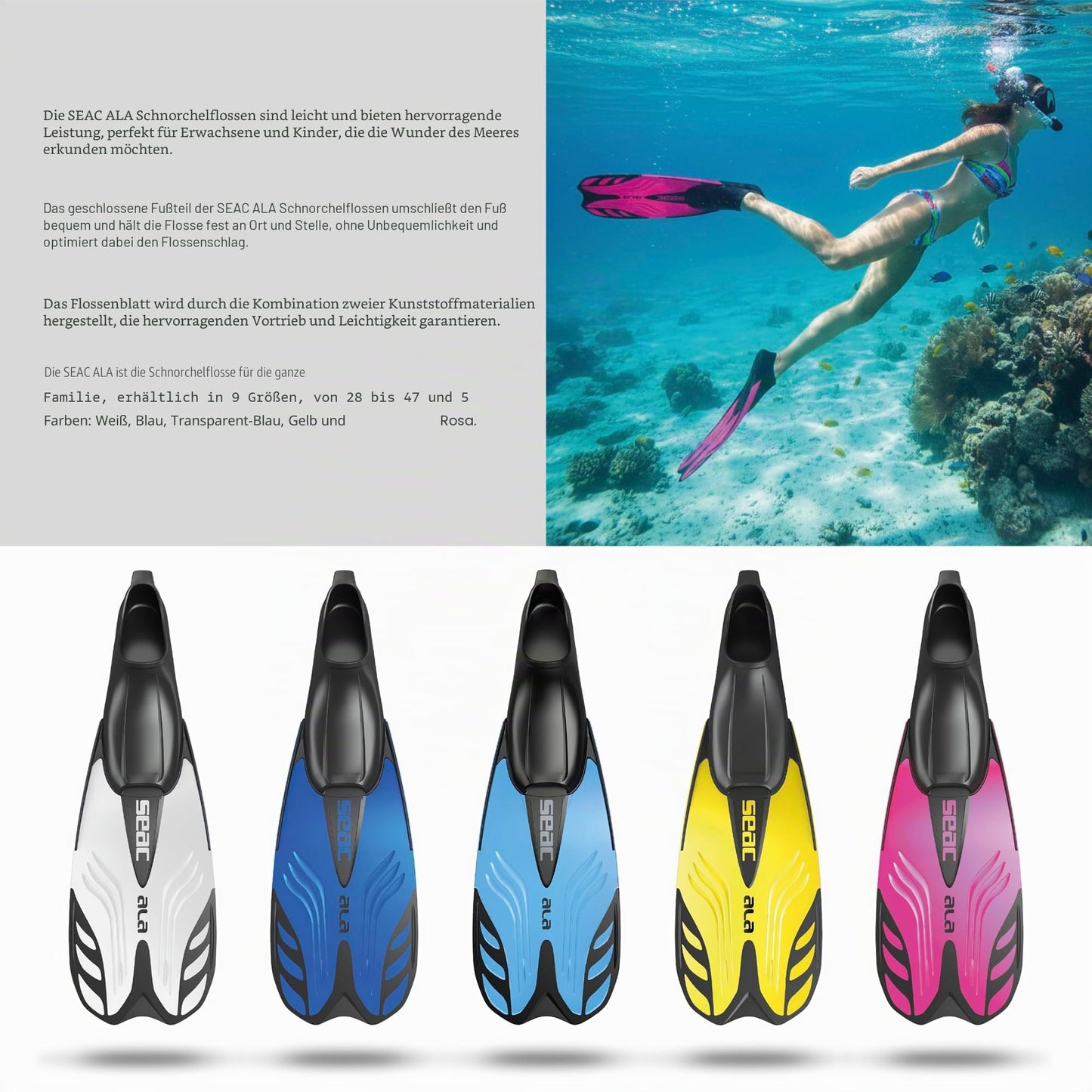 Seac ALA, fins with closed foot section, ideal for snorkeling and swimming, YELLOW, 44/45 - 0710033360491A