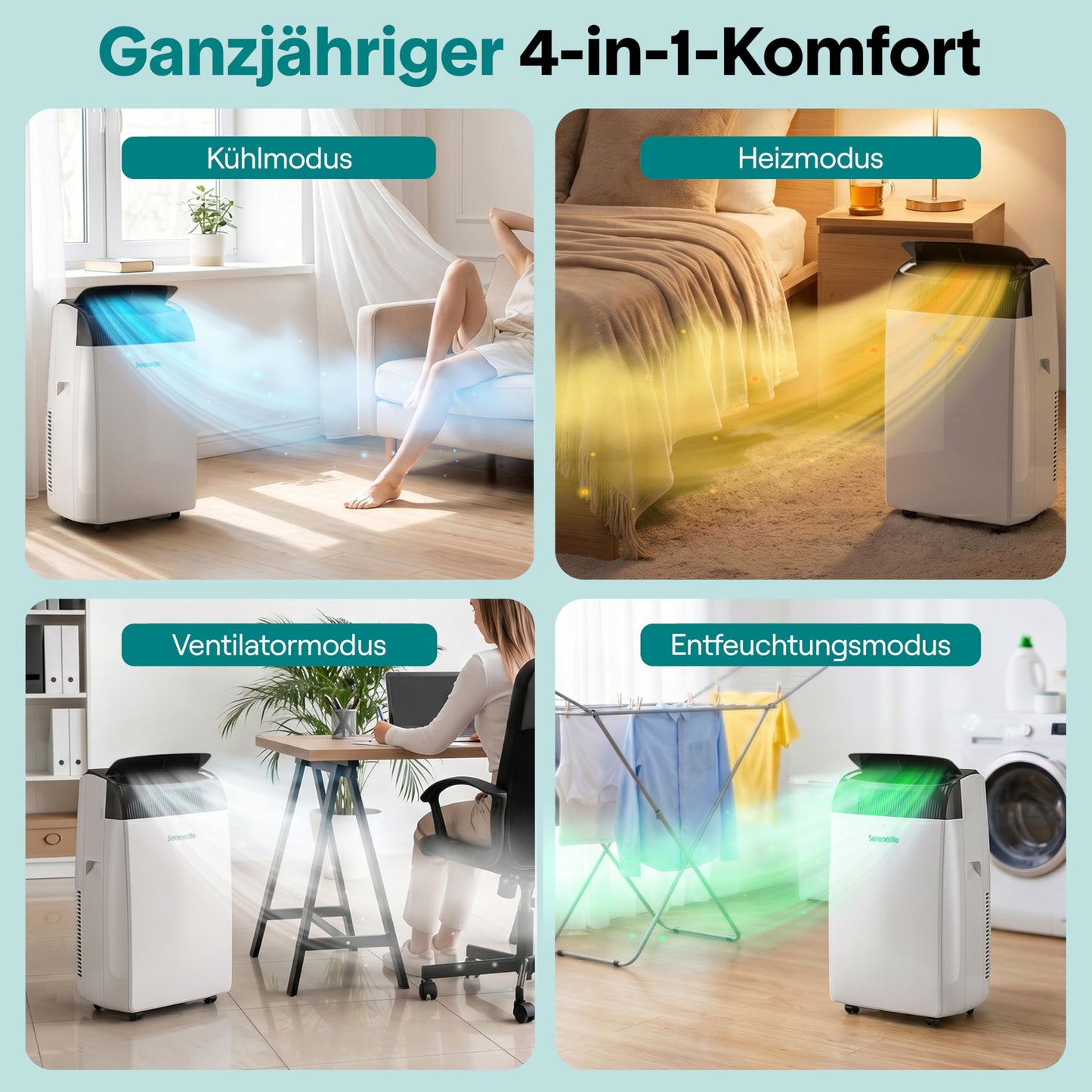 Aer condiționat mobil SereneLife 4.1 kW 14000 BTU - Aer condiționat cu funcție de încălzire pentru încăperi de până la 40 m² Silențios 51 dB Aer condiționat Dormitor cu dezumidificator, ventilator, telecomandă - SLACHT148EU
