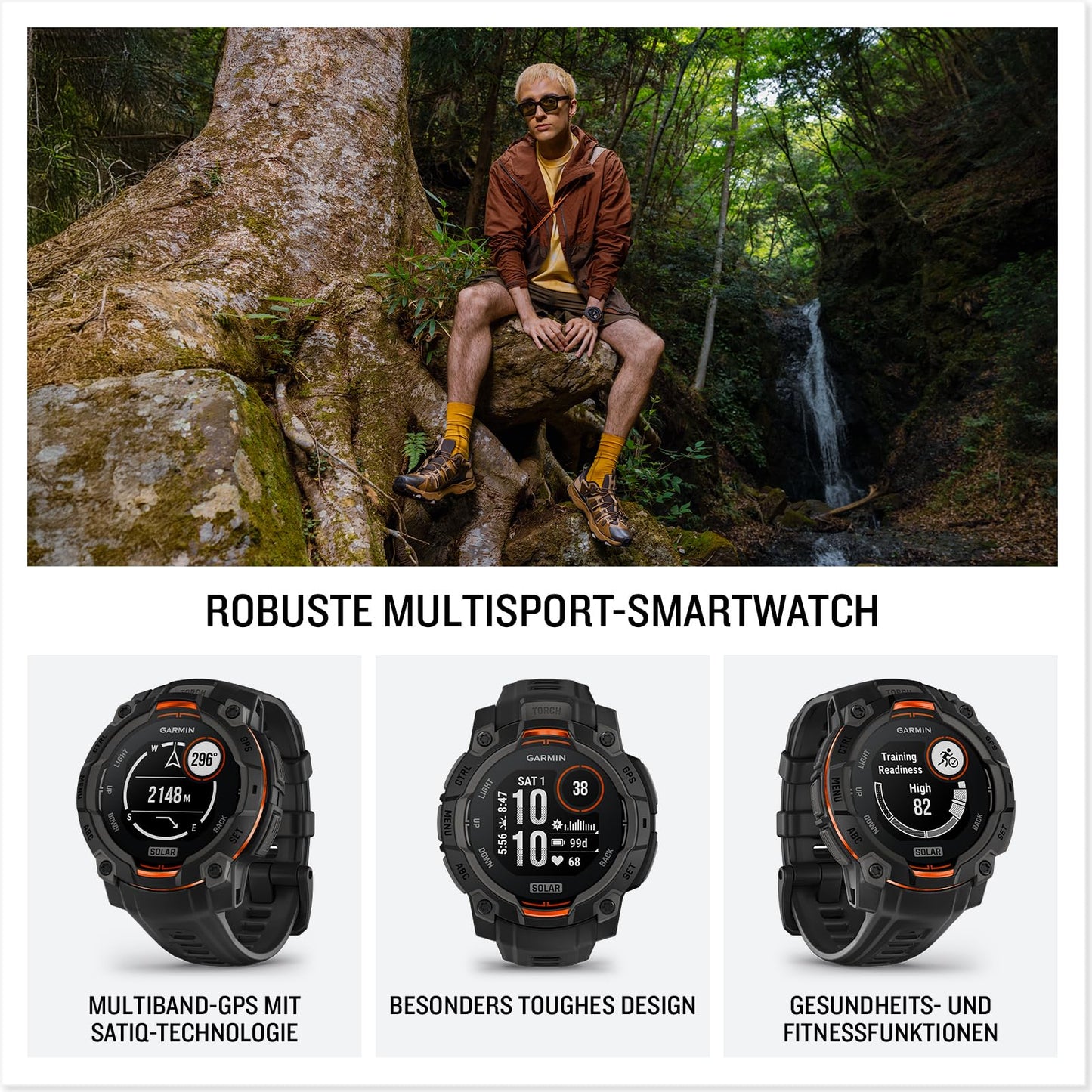 Garmin Instinct 3 45mm SOLAR - GPS multisport smartwatch, 0.9" display, up to 28 days battery life, 80+ sports apps, navigation function, smart features, LED flashlight, waterproof - 010-02934-00