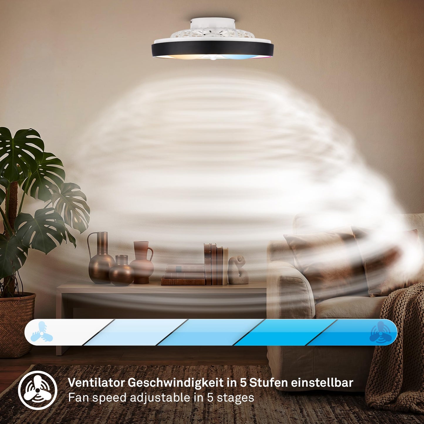 BRILONER - LED ceiling fan with lighting, remote control, DC motor, 5 speeds, RGBIC, CCT, dimmable, lamp with fan, LED ceiling light, ceiling lamp fan, 48 cm, black - 3988015