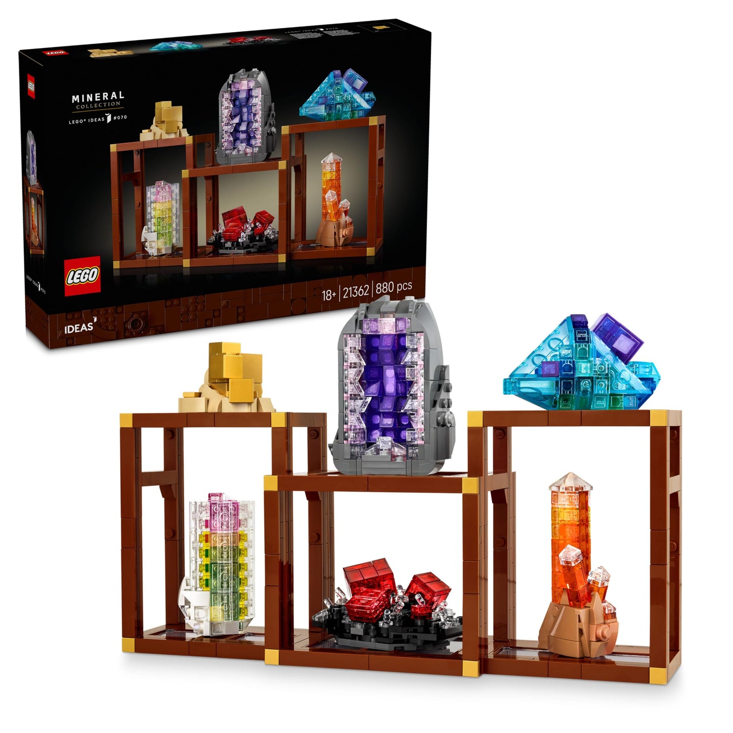 LEGO Ideas mineral collection - set for adults - model building with crystal elements including amethyst, fluorite & tangerine quartz and 3 stands - DIY home decoration gift idea - 21362