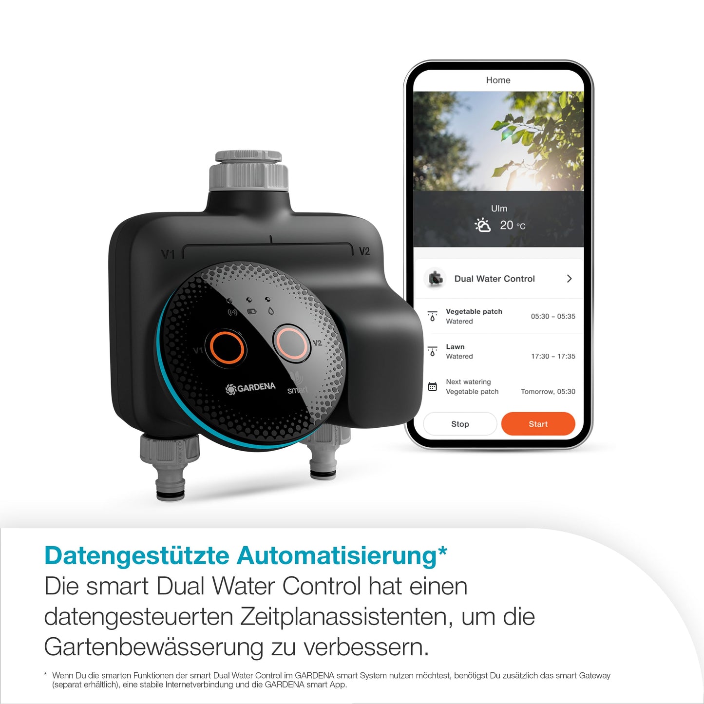 Gardena smart Dual Water Control irrigation controller; smart: Data-controlled irrigation*, Smart Home Integration*, For two independent garden areas, High-quality valve technology (19034-20)