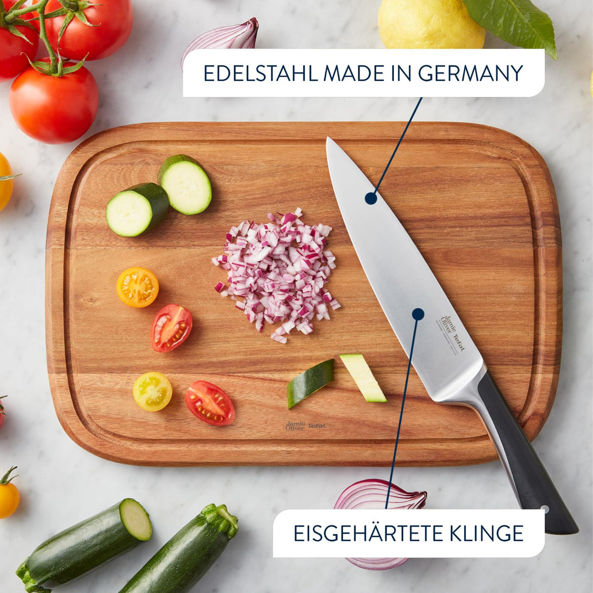 Tefal Jamie Oliver 3-piece knife set, chef's knife, utility knife, paring knife, high cutting performance, distinctive design, durable blades, stainless steel, black, K267S355