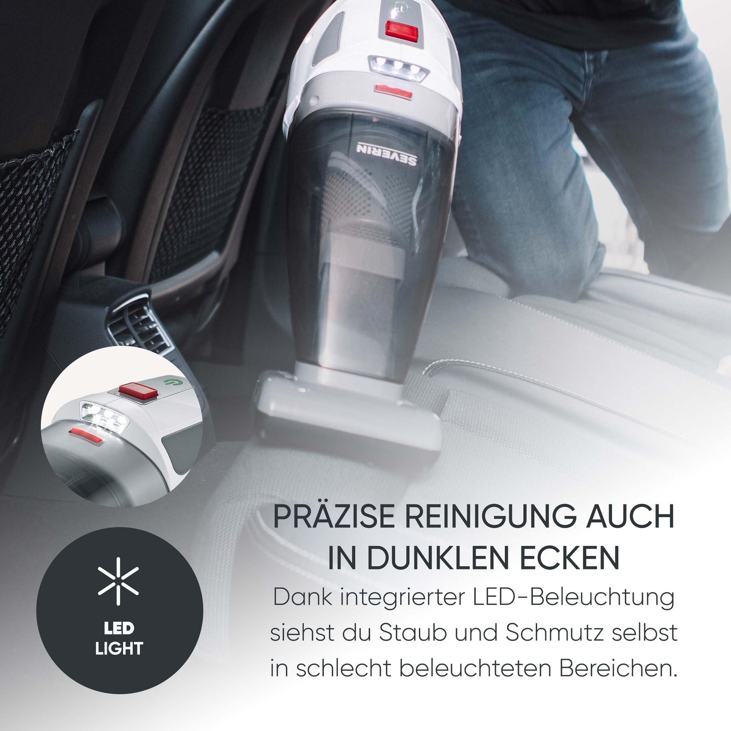 Severin 4-in-1 cordless handheld vacuum cleaner, wireless wet & dry vacuum cleaner for car seats, handheld vacuum cleaner for pet hair & liquids, up to 30 minutes running time in eco mode, white-grey-red, HV 7146
