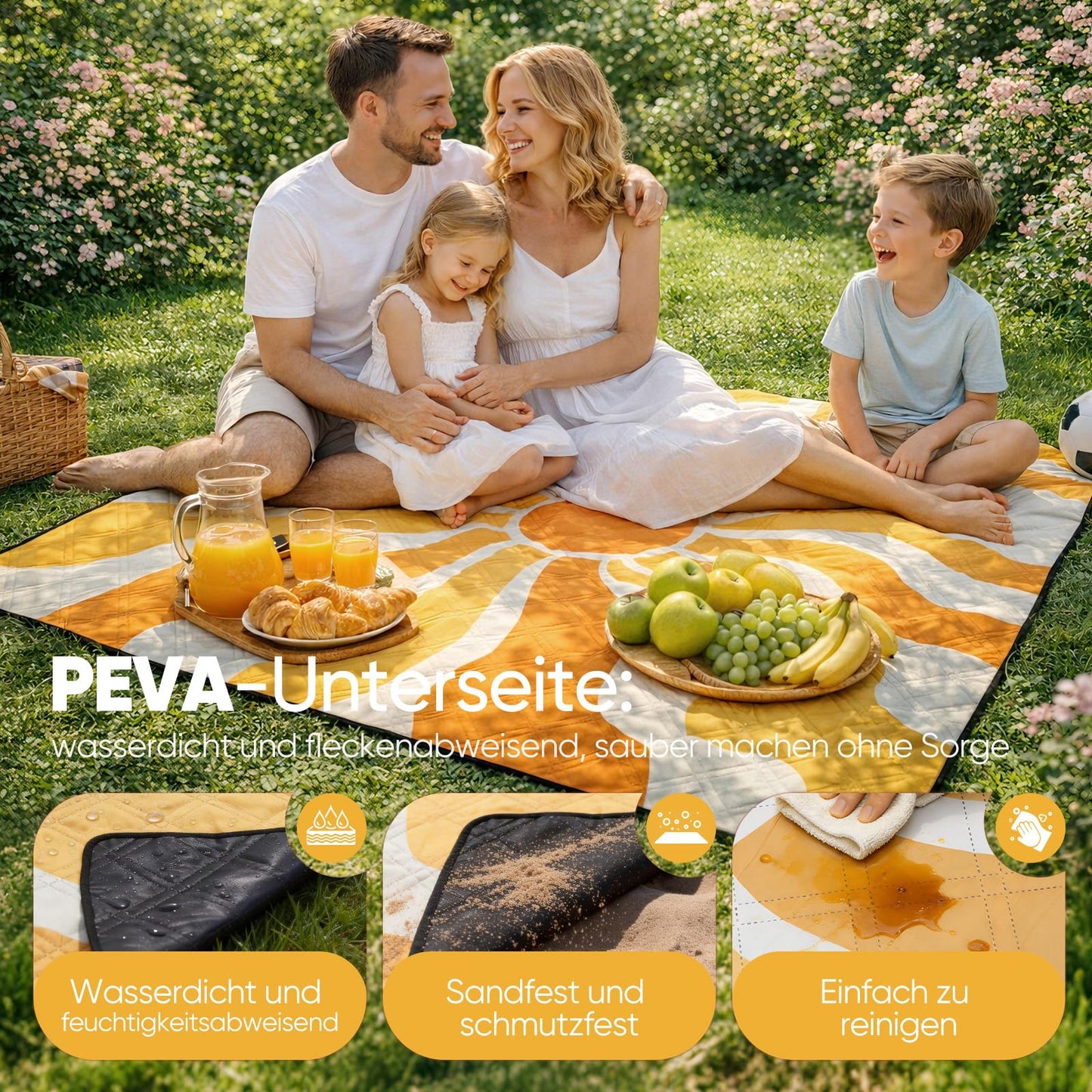Sekey picnic blanket, waterproof, 150 x 200 cm, beach blanket, sand-free Padded, three-layer structure, PEVA waterproof base, tie strap carry strap, suitable for picnic, camping, beach - PM11