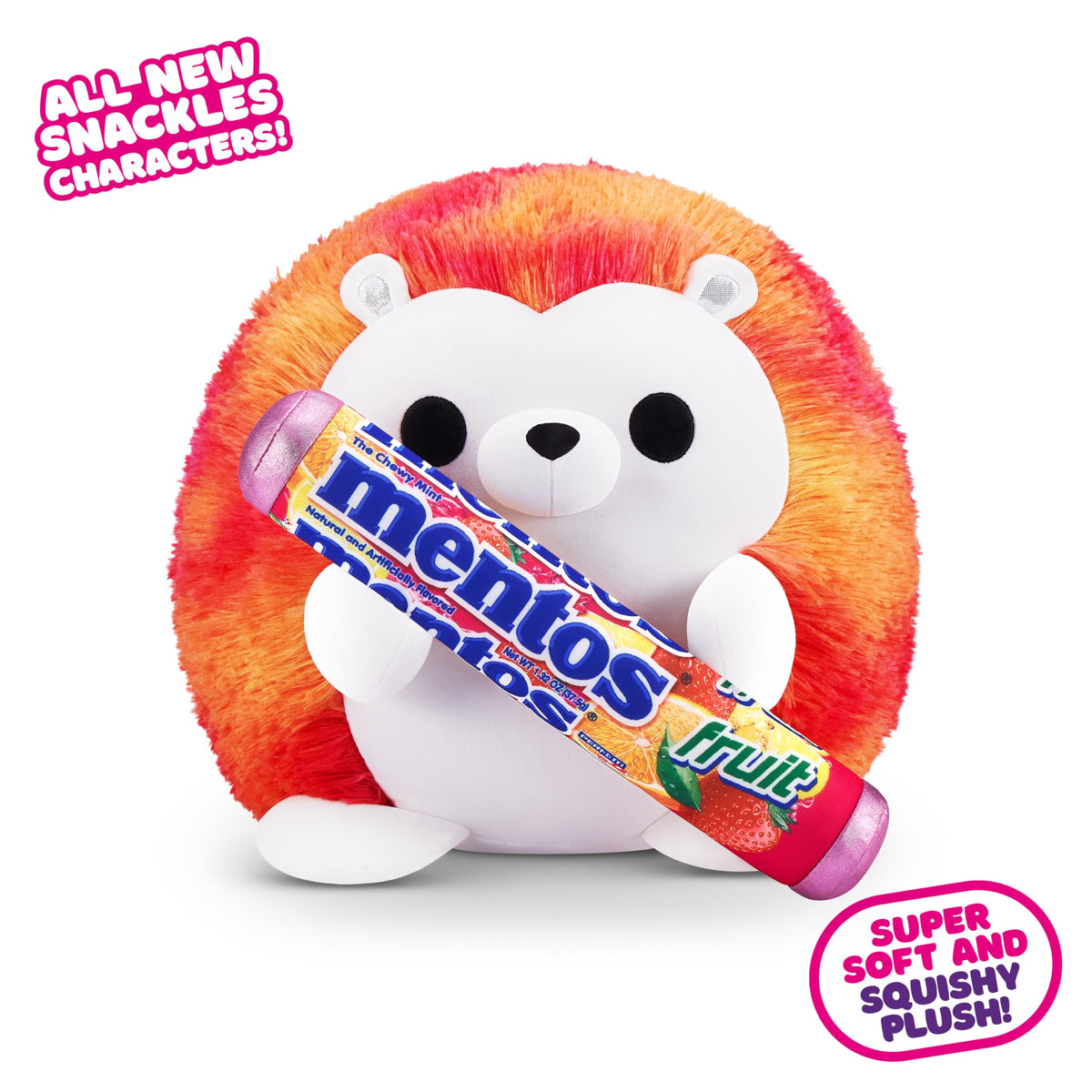 Snackles, Series 2, Hedgehog (Mentos, Fruit), a cuddly-soft, soothing plush toy measuring 35 cm, featuring licensed snacks (Hedgehog). - 77573J