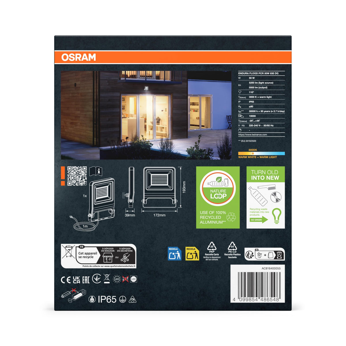 Osram ENDURA FLOOD PC 50W LED Floodlight, 3000K warm white, 5000 lumens, IP65 floodlight, sustainable aluminum, 100 lm/W efficiency, dark gray - 4099854486548