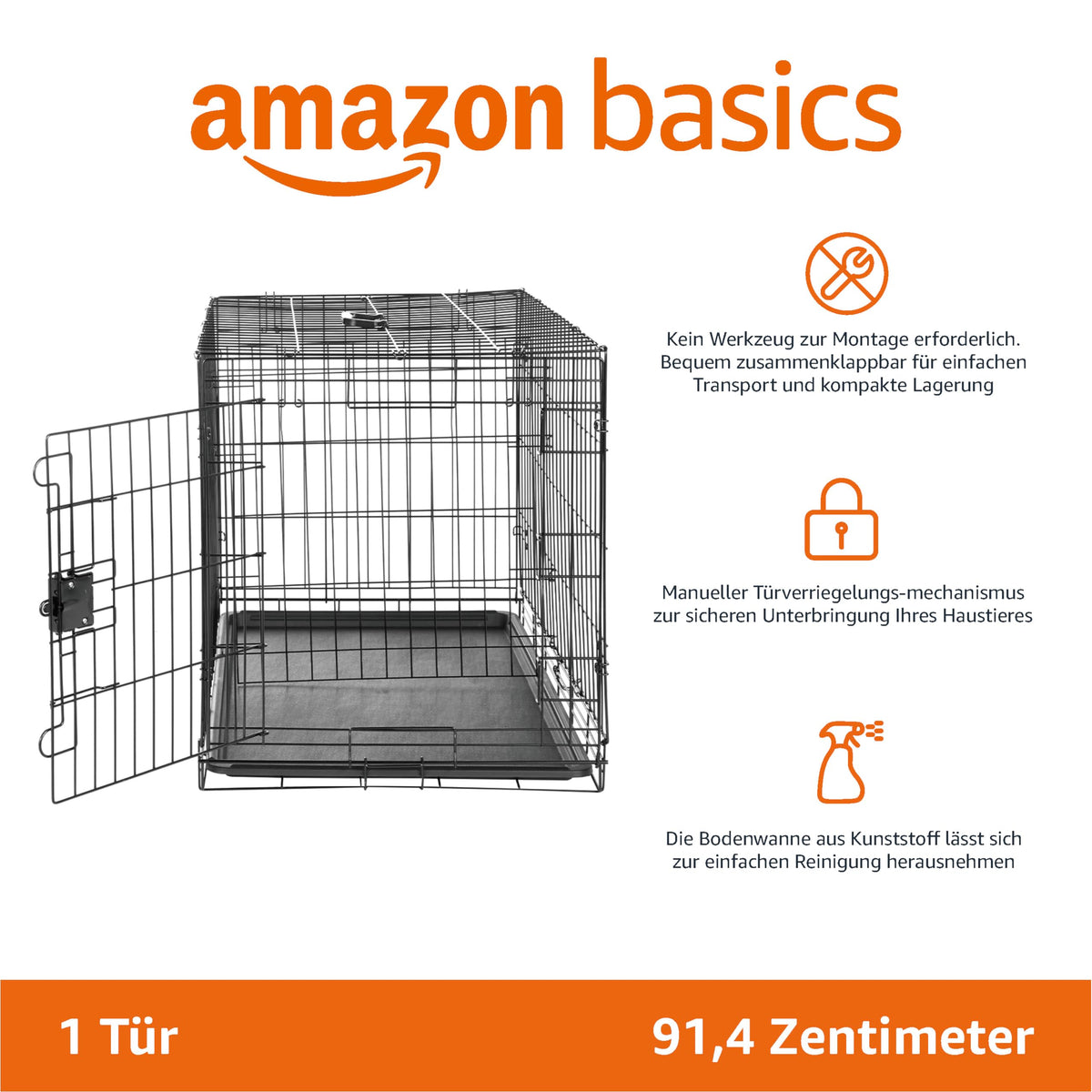 Amazon Basics Collapsible Dog Crate Made of Wire with Floor Tray, Single Door, Black, L 91 x W 58 x H 64 cm - 9001N-36A