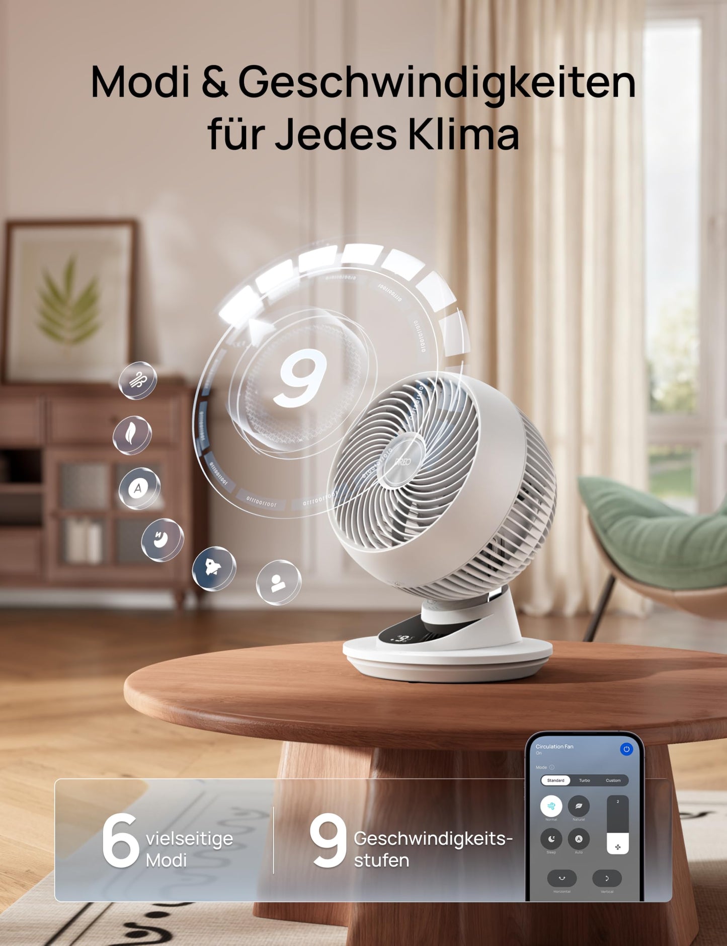 DREO 3D table fan, very quiet 22 dB, small fan with remote control, 8.8 m/s strong airflow, 90° oscillation, app & voice control, 9 levels, 8/12h timer for bedroom & office - DR-HAF008