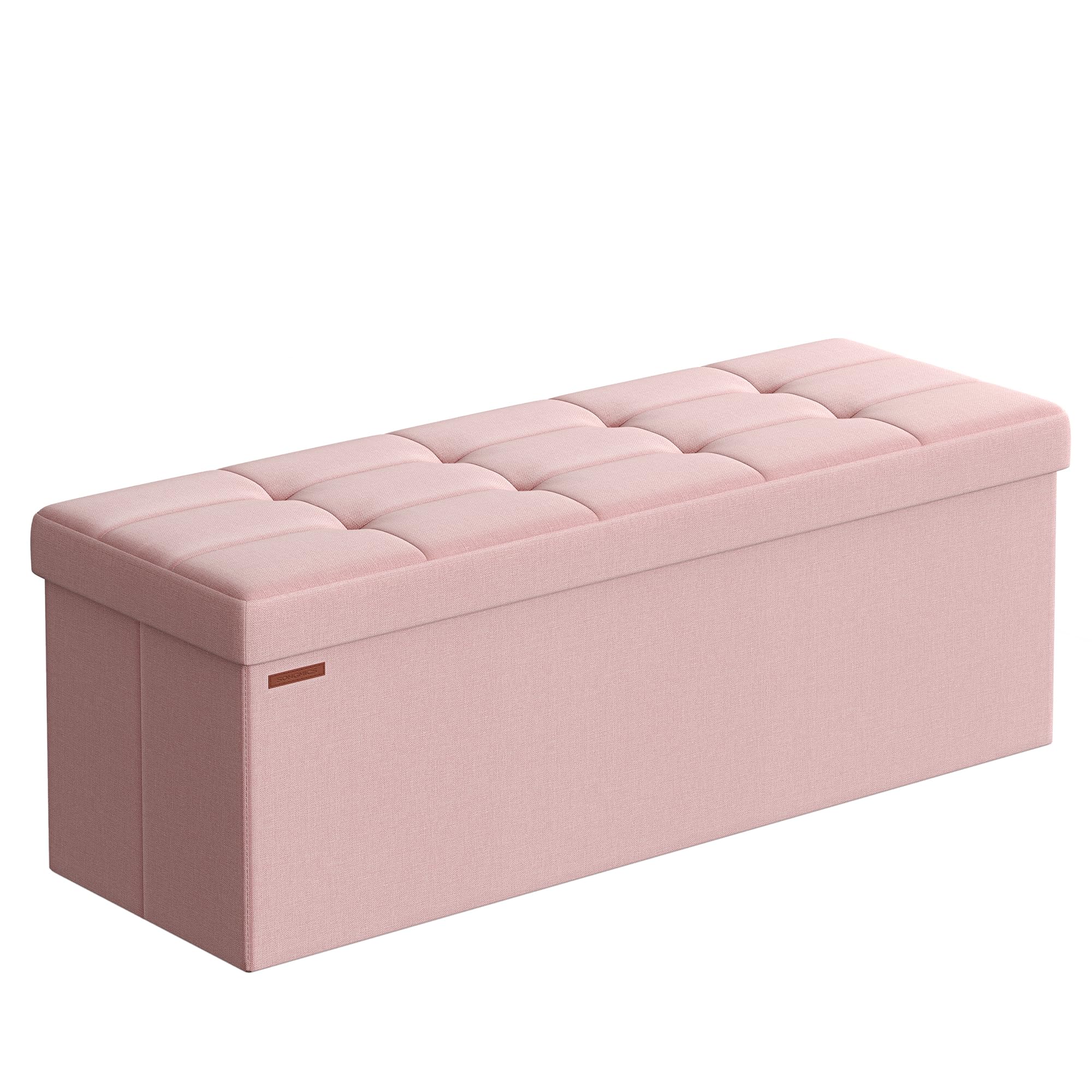 SONGMICS Stool with storage space, folding bench, 38 x 110 x 38 cm footstool, storage box, load capacity up to 300 kg, for living room, bedroom, hallway, pastel pink LSF077R11 - 6955880314393