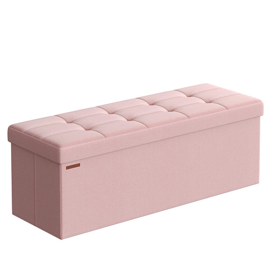 SONGMICS Stool with storage space, folding bench, 38 x 110 x 38 cm footstool, storage box, load capacity up to 300 kg, for living room, bedroom, hallway, pastel pink LSF077R11 - 6955880314393