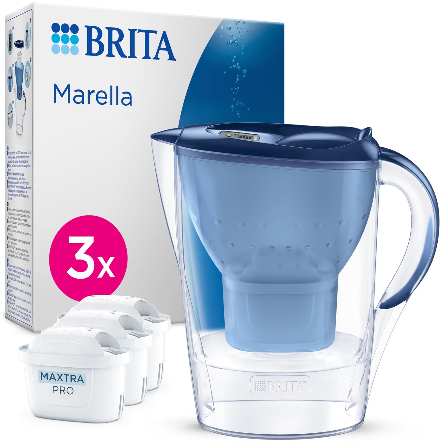 BRITA water filter jug Marella blue (2.4l) incl. 3x MAXTRA PRO Pure Performance cartridge - refrigerator-suitable filter jug with BRITA Memo, folding lid, filters impurities - 1051935