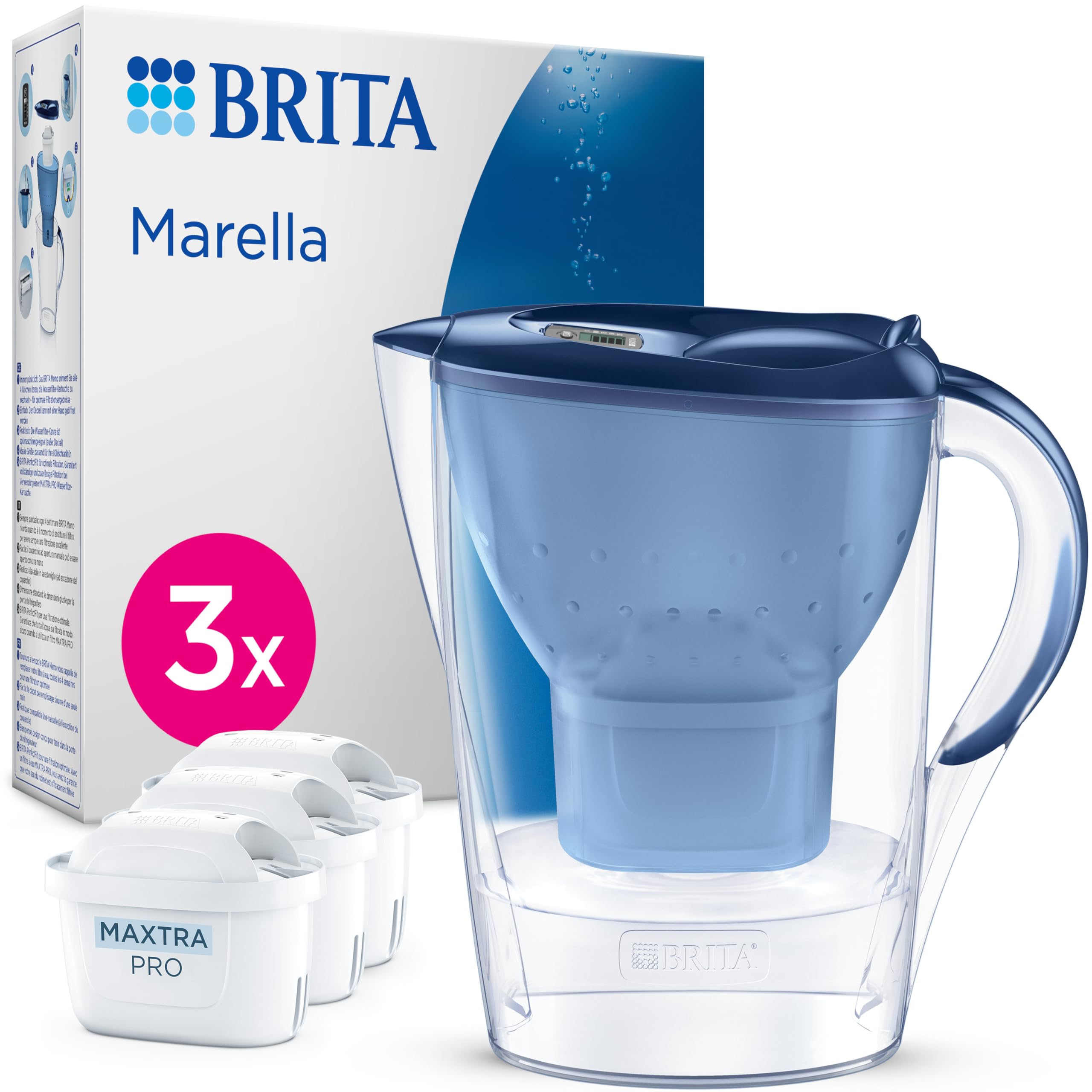 BRITA water filter jug Marella blue (2.4l) incl. 3x MAXTRA PRO Pure Performance cartridge - refrigerator-suitable filter jug with BRITA Memo, folding lid, filters impurities - 1051935