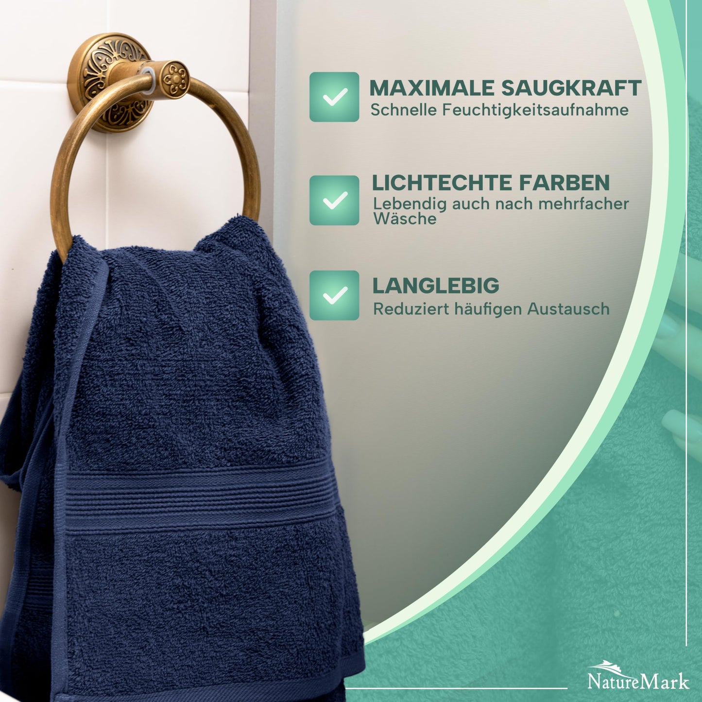 NatureMark 8 towel set - 100% cotton - absorbent and durable towels, size 50×100cm, navy blue - NM-HT0854