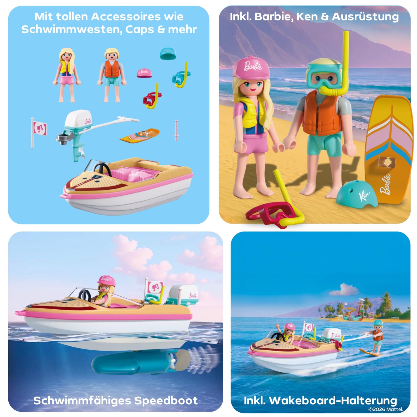 PLAYMOBIL | Barbie | Adventure boat | Speedboat with Barbie & Ken | Wakeboarding & snorkeling action for children | Malibu summer feeling & water adventure | Water toys | For children aged 4 and over | 72122