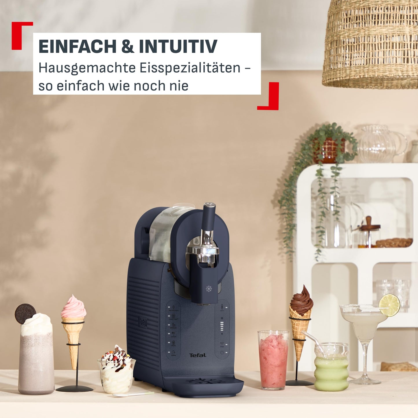 Tefal Freezi Instant soft ice cream & slush machine, including 2 ice cream containers, 5 automatic programs, automatic cleaning program, XL freezing cylinder, for up to 8 portions, particularly quiet, blue, IG8024E0
