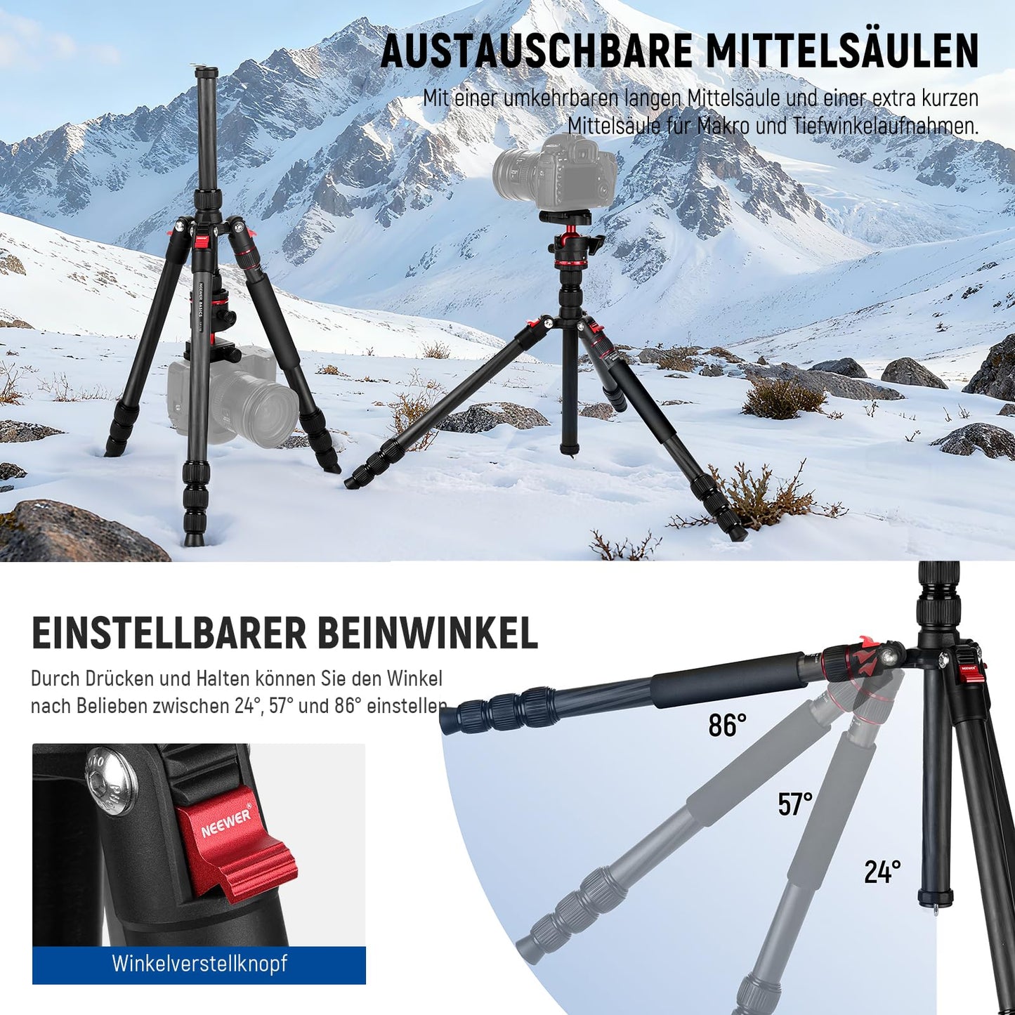 NEEWER Basics Carbon Fiber Travel Tripod Monopod, 64" Compact Lightweight Portable Cell Phone Camera Tripod Compatible with iPhone Video Recording, Arca Ball Head, Maximum Load 13.2 lbs, TP17B