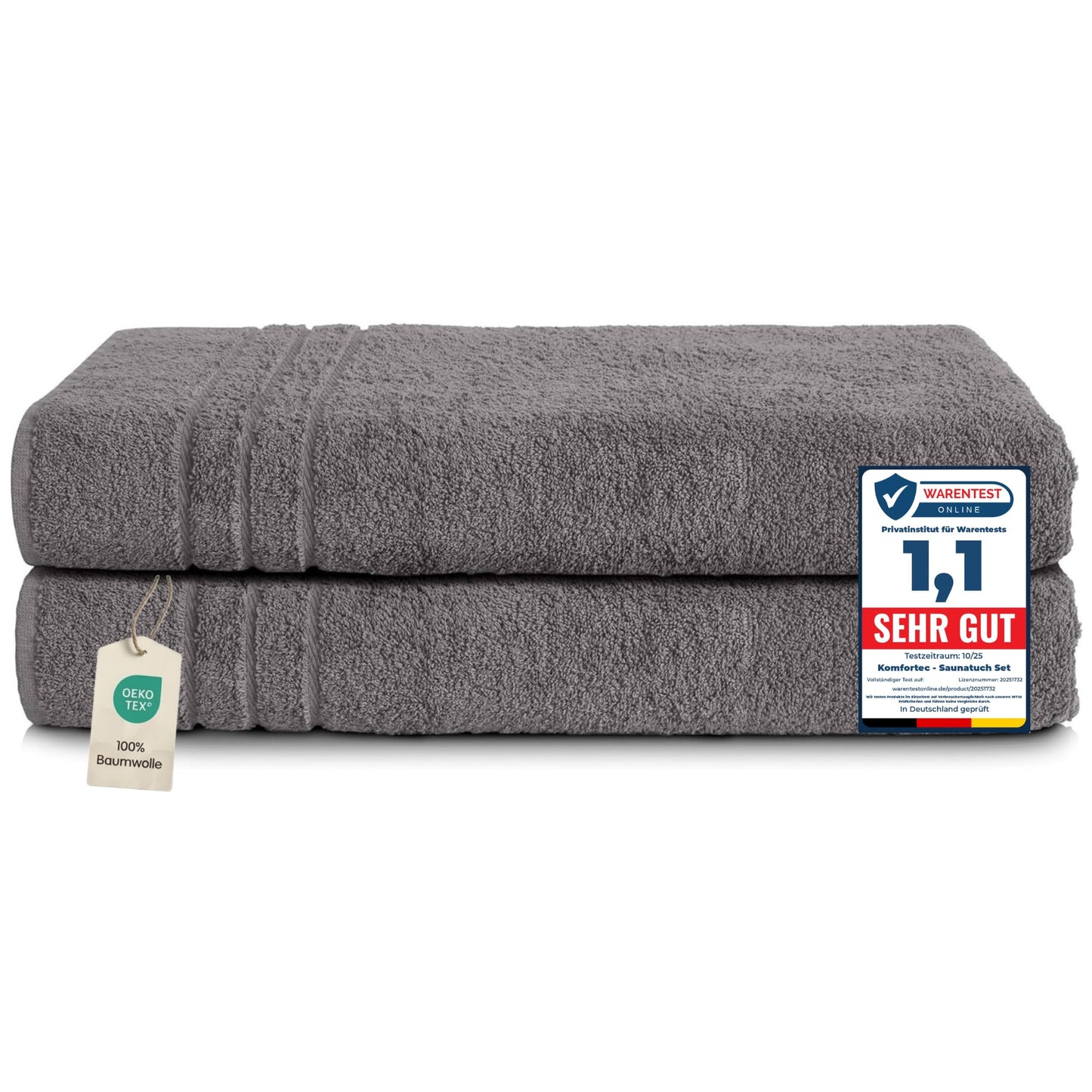 Komfortec 2 sauna towel set 80x200 cm, large sauna towels made of 100% cotton, sauna towels, fluffy and absorbent, quick-drying, anthracite gray - 2er-80x200-anthrazit