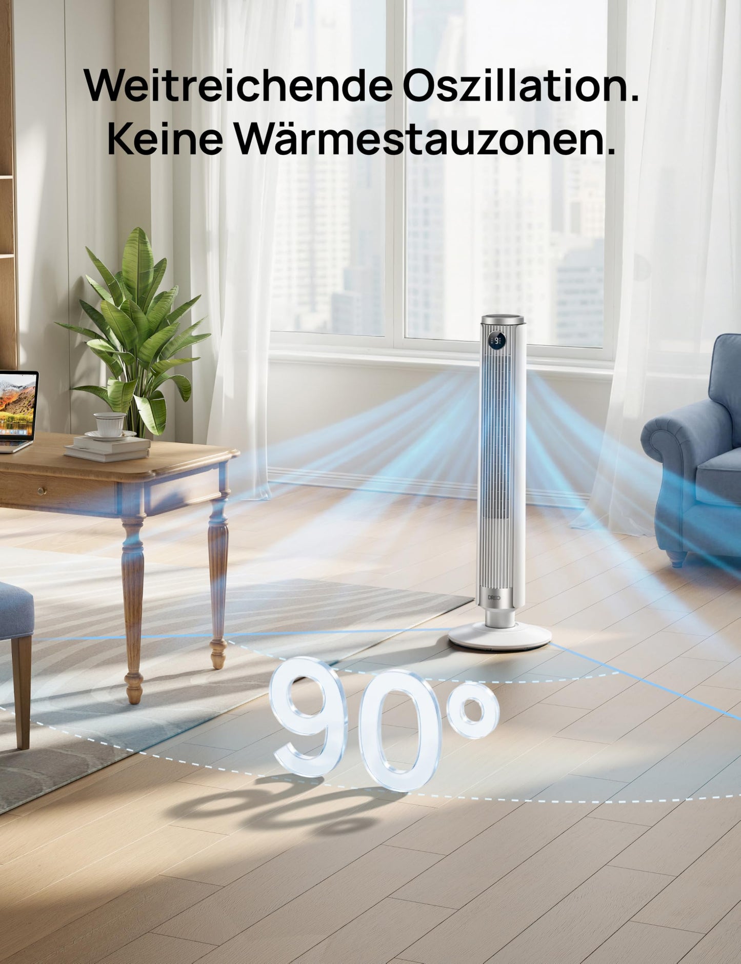 DREO Smart 102-114cm tower fan for bedroom, height adjustable, 8.4m/s, DC motor, 9 levels, 4 modes, 90° oscillation, pedestal fan, 20dB quiet, 12H timer for home and office, Google/Alexa - DR-HTF024S