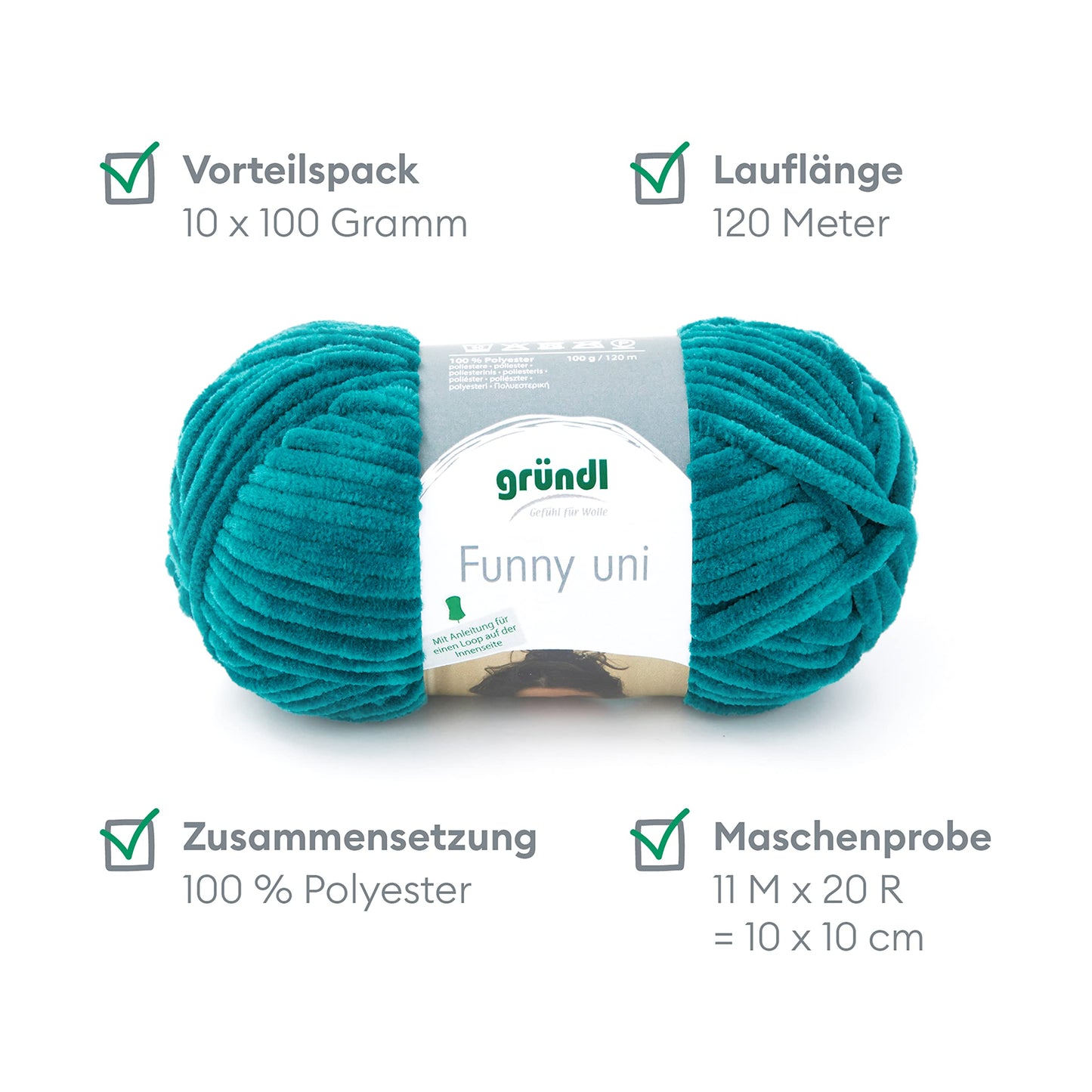 Gründl Wolle Funny uni - soft chenille wool for crocheting - cuddly and skin-friendly - 100% polyester - 10 balls 100 g / 120 m - needle size 5-6, petrol - 3442-18